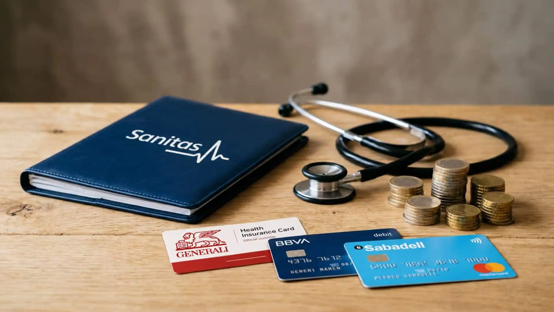 Carpeta de Sanitas, tarjeta de Generali, tarjetas bancarias de BBVA y Sabadell, fonendoscopio y monedas sobre una mesa.