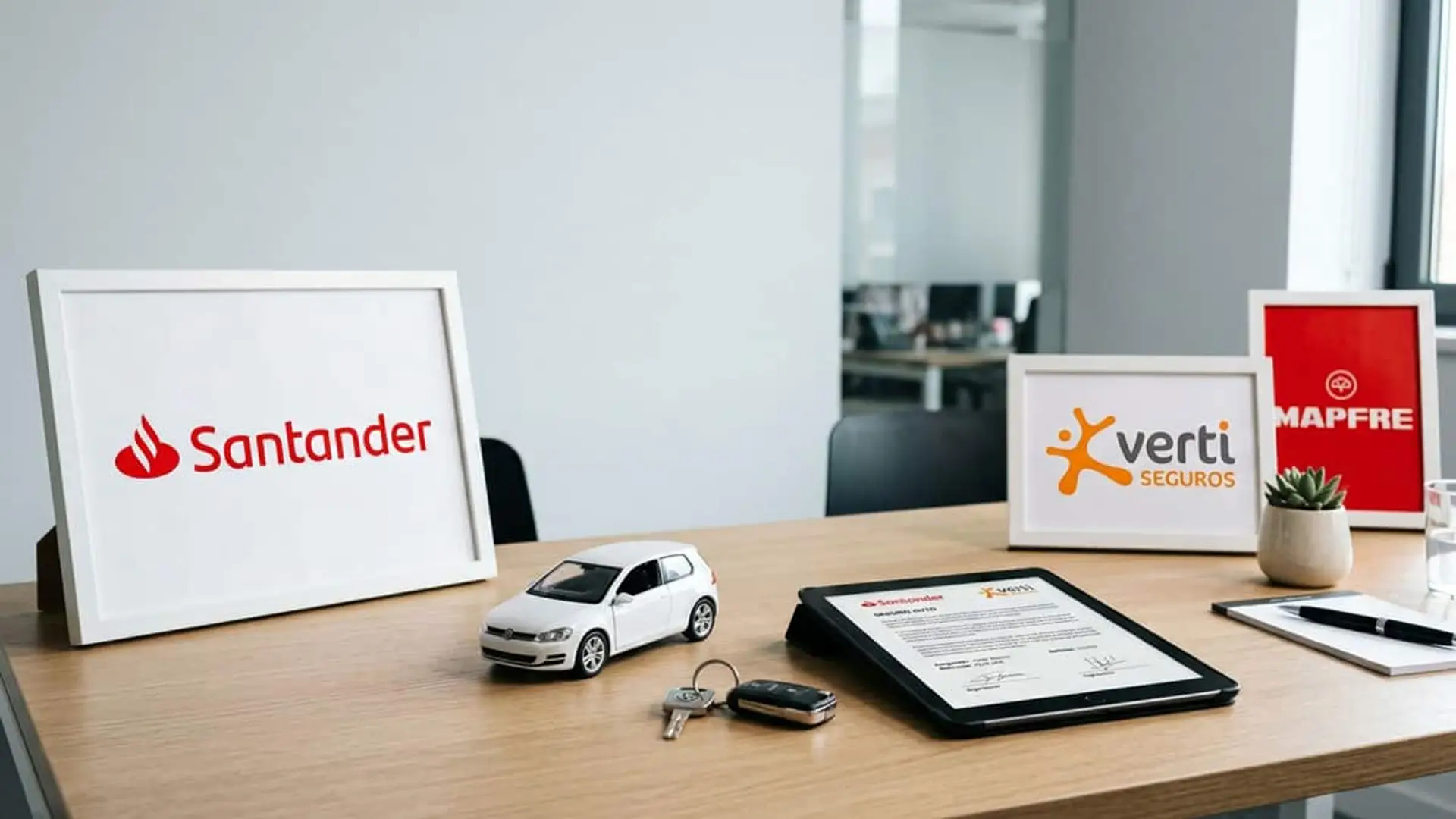 Santander suma a Verti: por qué conviene comparar antes de contratar el seguro de coche Logotipos de Santander, Verti Seguros y Mapfre junto a un coche, unas llaves y un contrato de seguro