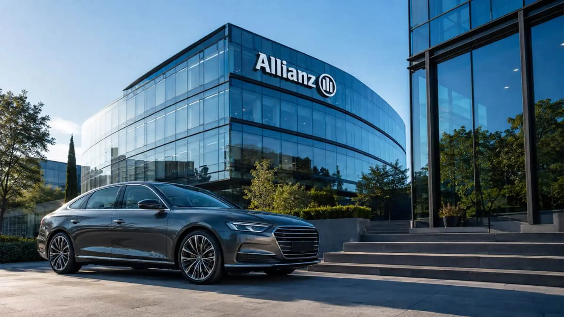 Allianz España mejora su rentabilidad y cierra el semestre con 154 millones de resultado operativo Sede de Allianz España con coche moderno frente a sus oficinas corporativas.