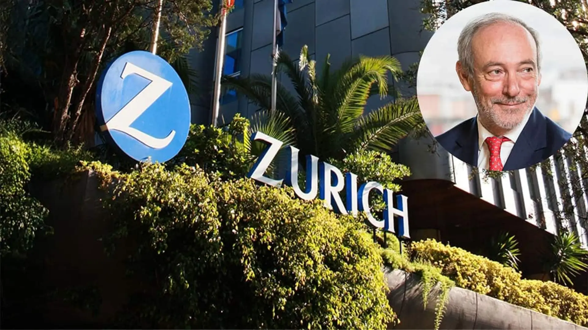 Zurich bate récords con un beneficio de 8.900 millones y blinda su alianza con Banco Sabadell Fachada de la sede de Zurich con logotipo corporativo y retrato del CEO en España, Vicente Cancio, en una burbuja.