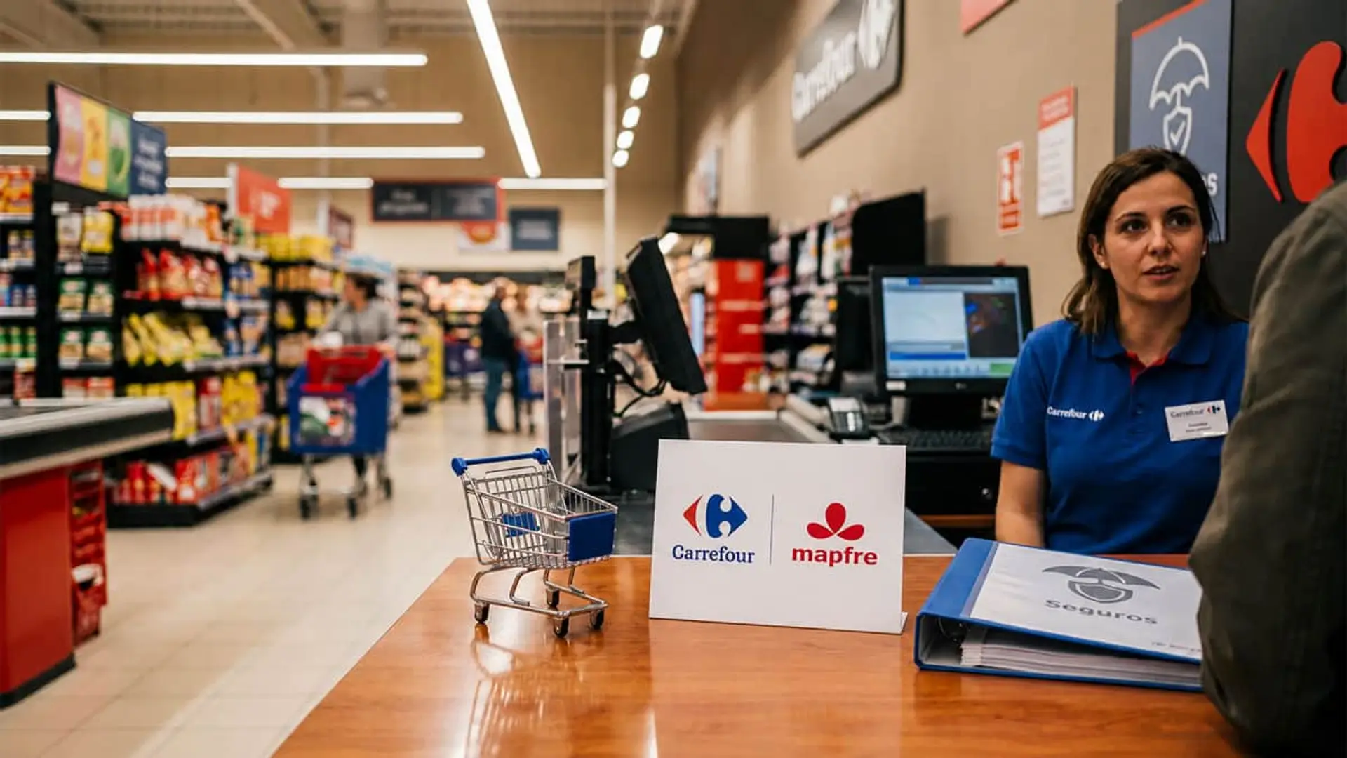 Mapfre y Carrefour arrancan la venta conjunta de seguros con un 3% acumulable en ChequeAhorro Punto de atención de seguros Carrefour y Mapfre dentro de un supermercado.