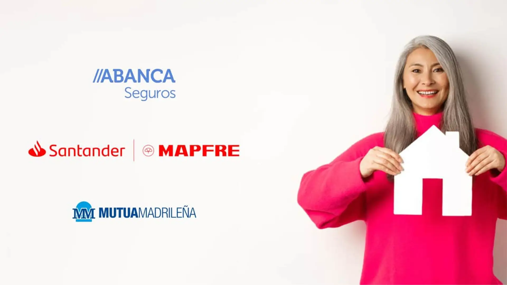 Abanca, Santander Mapfre y Mutua Madrileña disparan su crecimiento en el seguro de hogar Mujer con una casa y logos de ABANCA, Santander, MAPFRE y Mutua Madrileña.