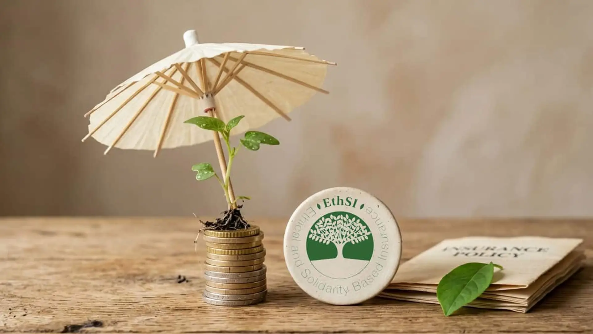 Planta verde creciendo sobre una pila de monedas bajo un pequeño paraguas, junto al sello EthSI de seguros éticos y sostenibles.
