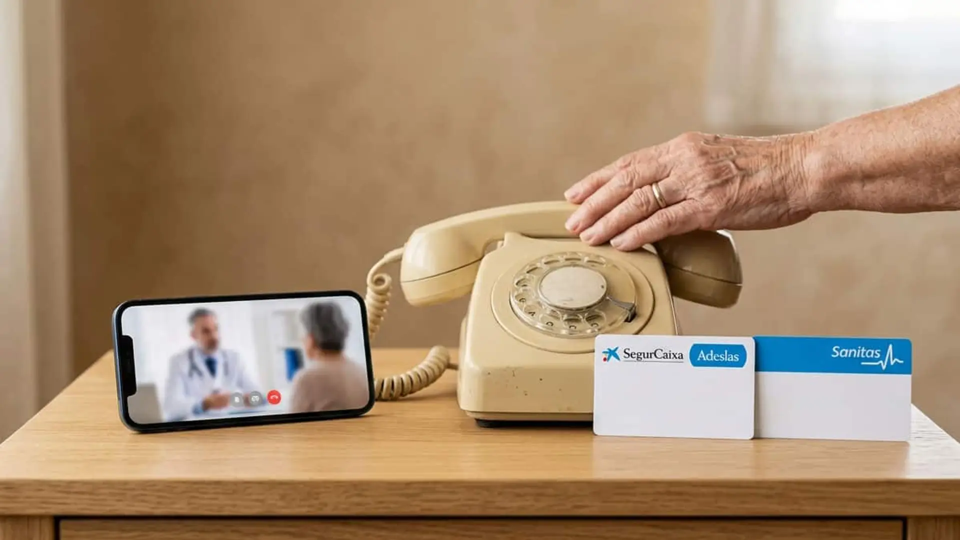 Tarjetas de Adeslas y Sanitas junto a un teléfono fijo antiguo y un móvil con una videoconsulta médica.