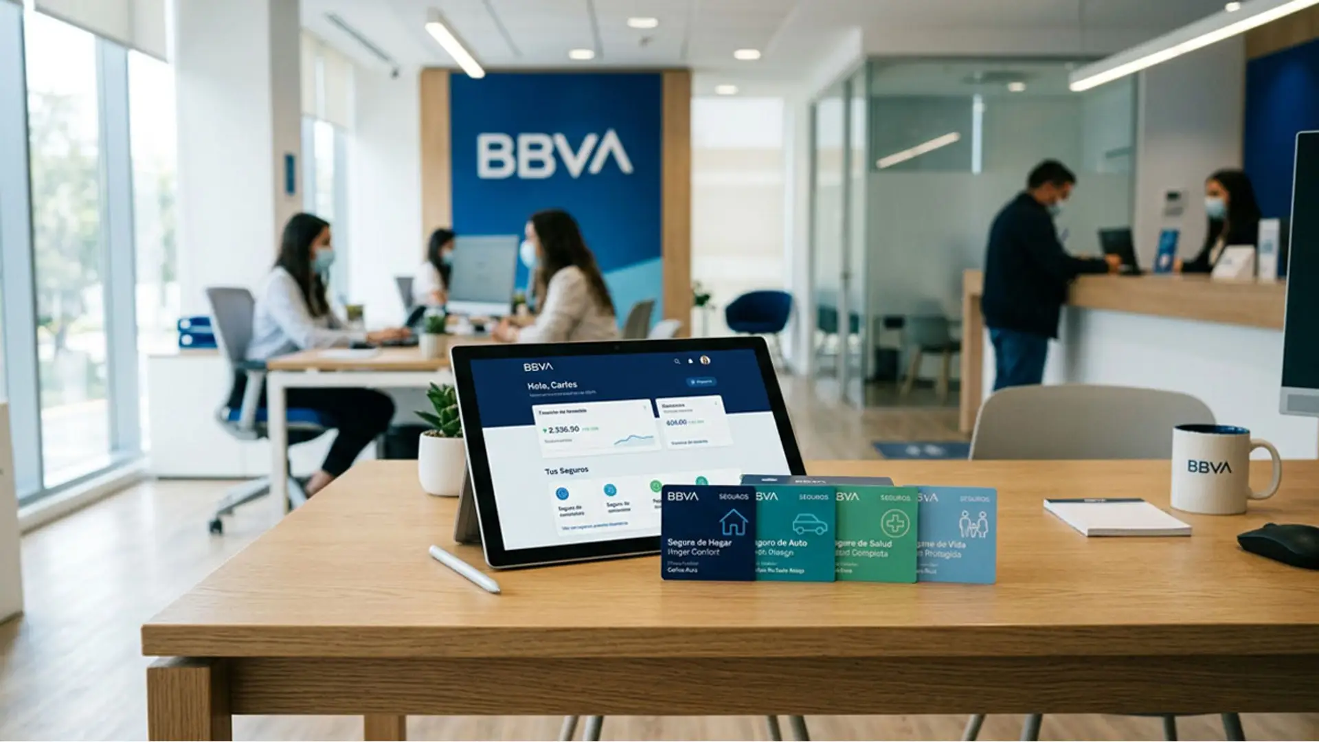Tablet con un panel de seguros de BBVA sobre una mesa en una oficina bancaria