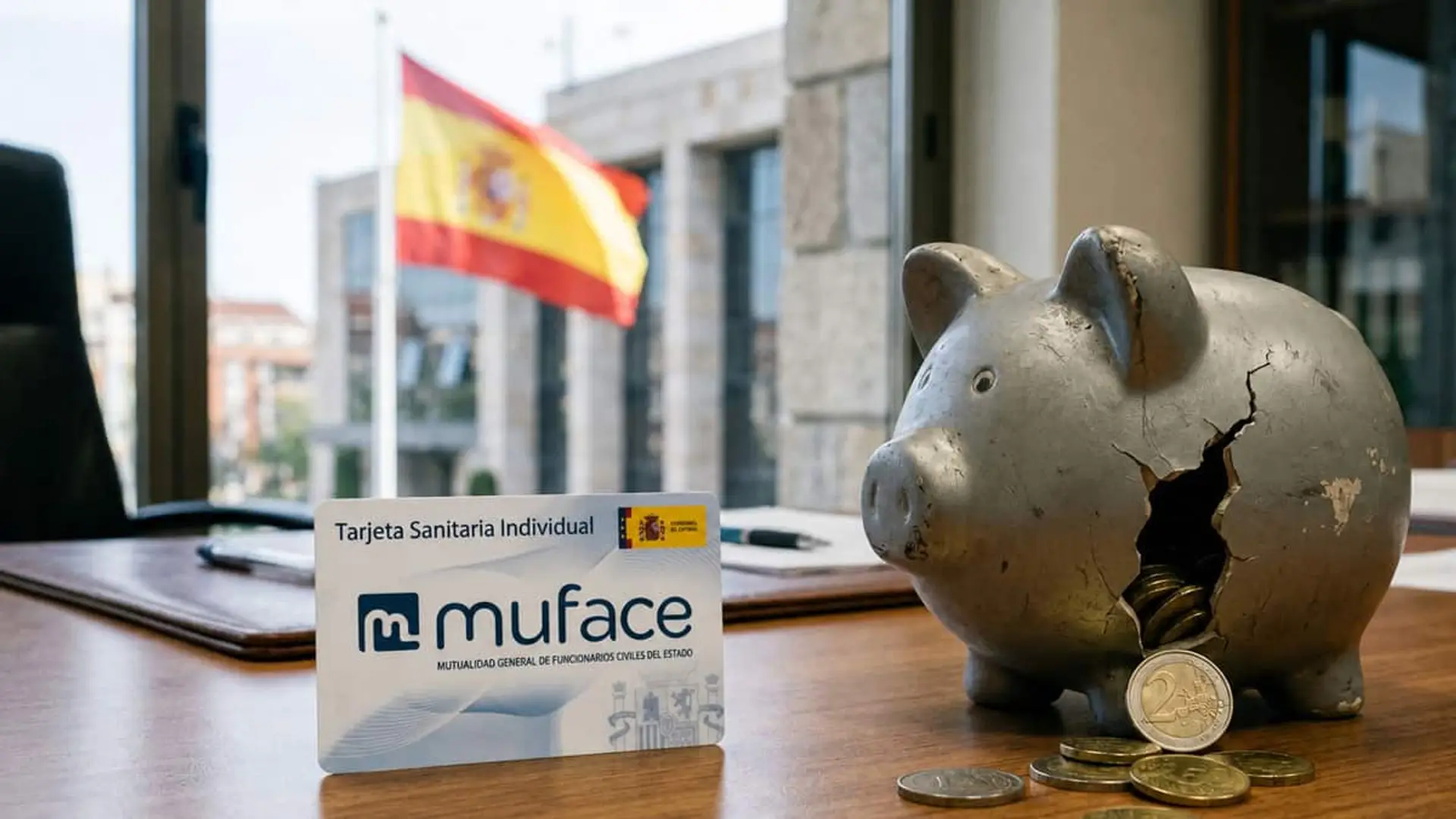 Tarjeta sanitaria de Muface junto a una hucha agrietada con monedas sobre una mesa y una bandera de España al fondo