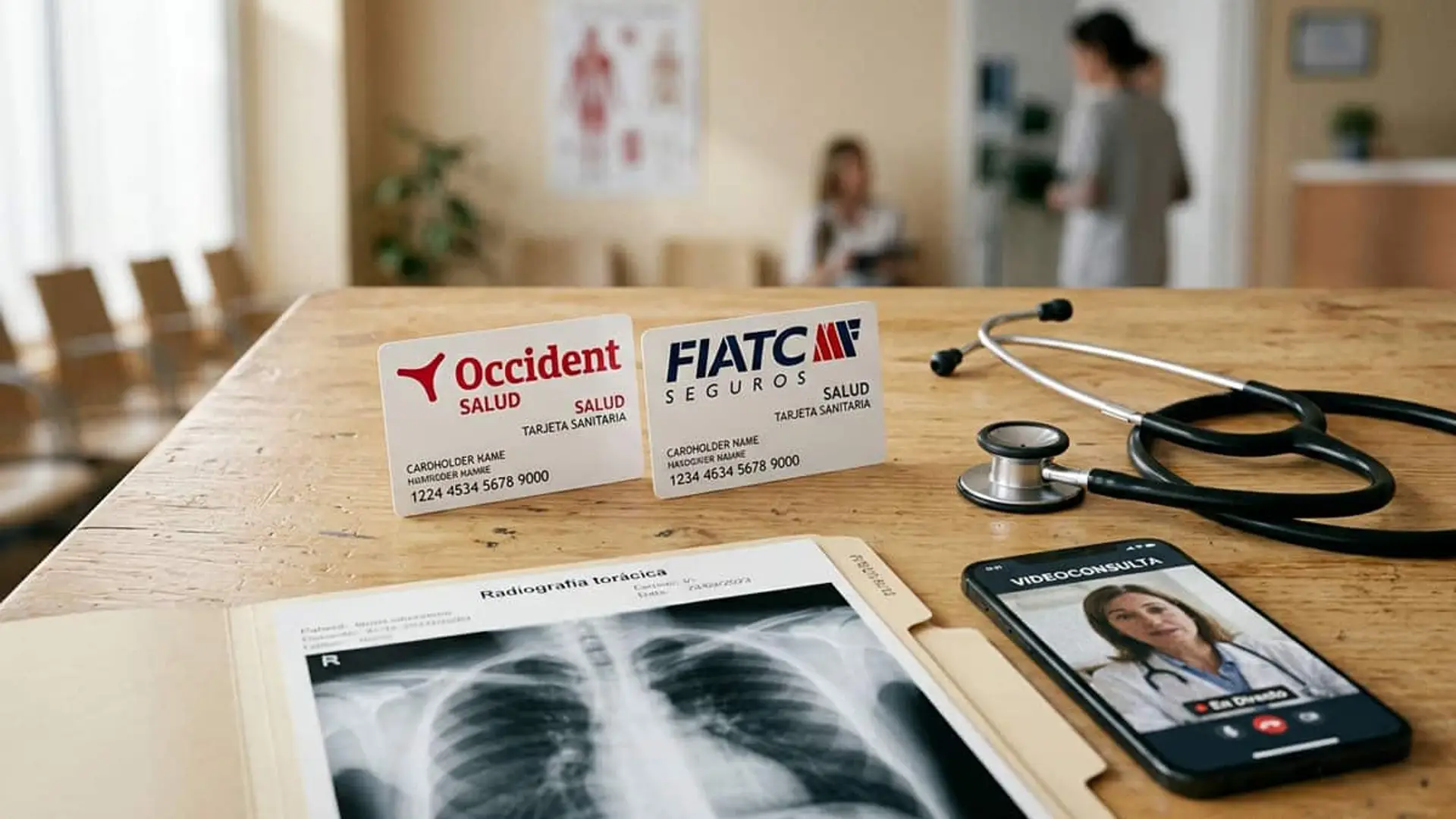 Tarjetas de salud de Occident y FIATC junto a una radiografía, un estetoscopio y un móvil con una videoconsulta médica