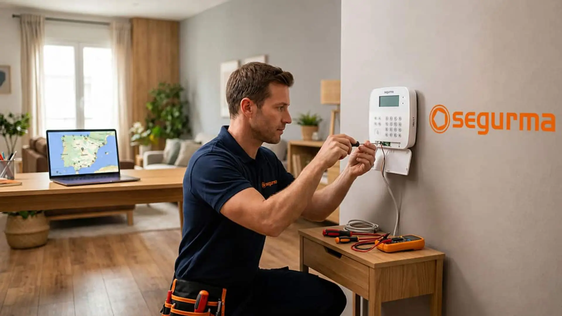 Técnico instalando un panel de alarma de Segurma en la pared de una vivienda, con herramientas y un ordenador al fondo