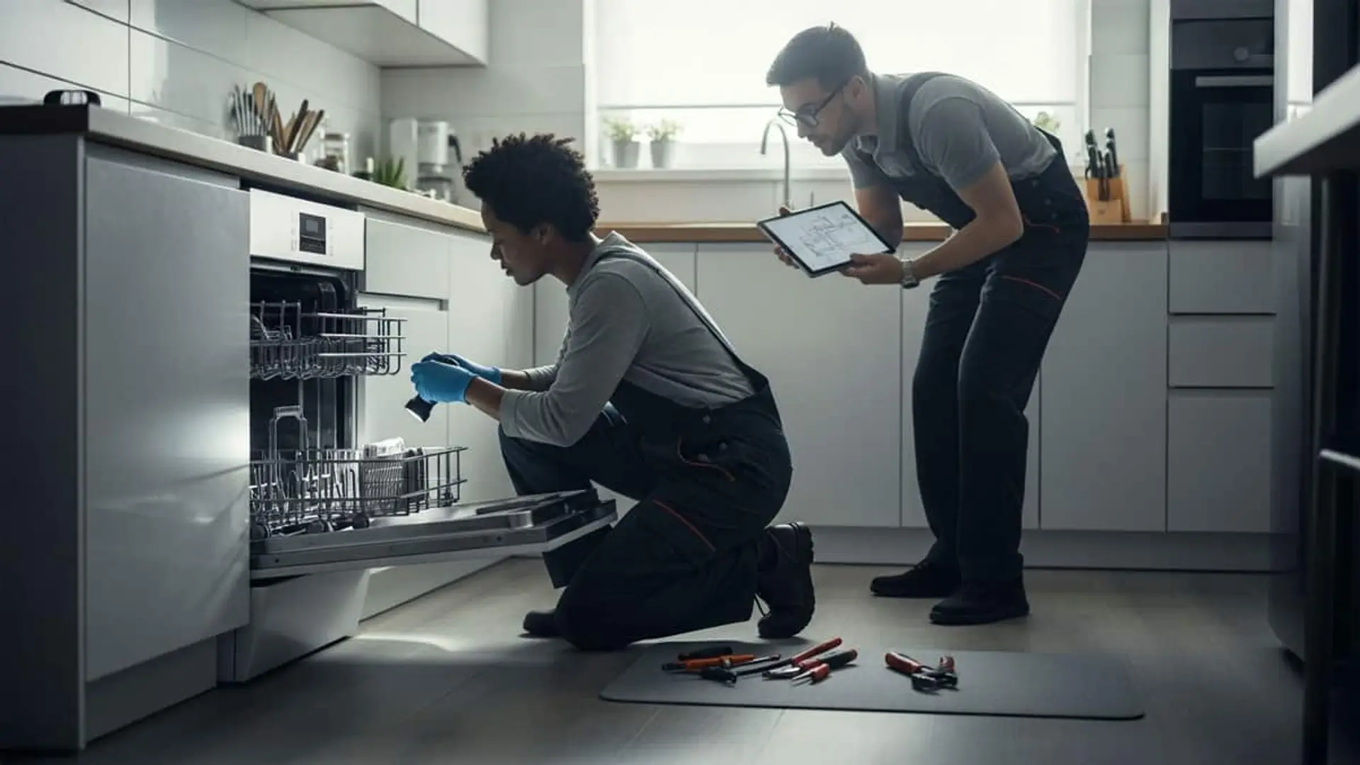 Técnicos realizando una reparación en un lavavajillas dentro de una cocina moderna, con herramientas y tablet de diagnóstico.