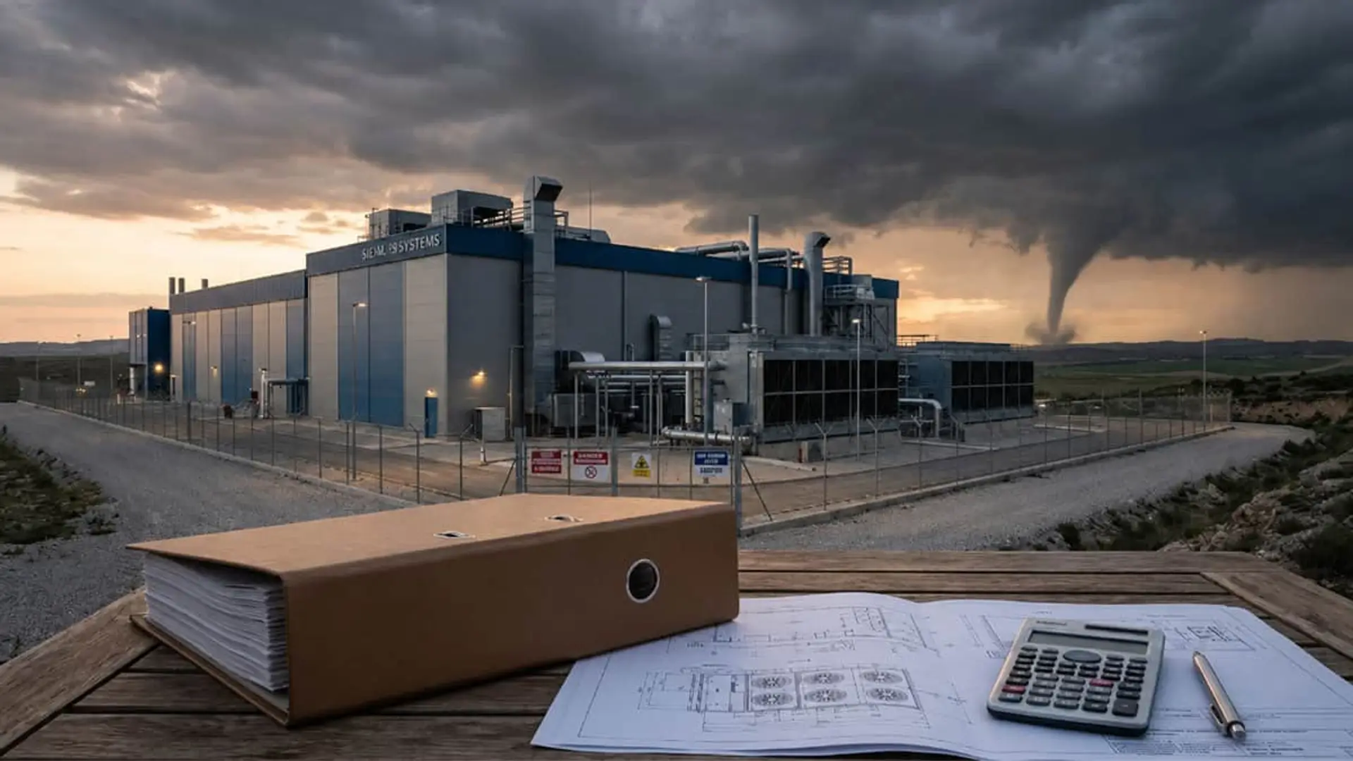 IA y geopolítica: los dos motores que cambian el mercado del seguro en 2026 Planta industrial amenazada por un tornado con planos y calculadora en primer plano.