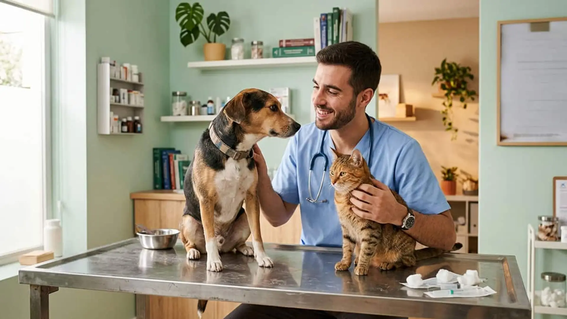 MyBox Mascotas, el seguro de CaixaBank que congela el precio tres años y compensa con 200 euros si no reembolsa a tiempo Veterinario sonriendo junto a un perro y un gato sobre una camilla en una consulta veterinaria