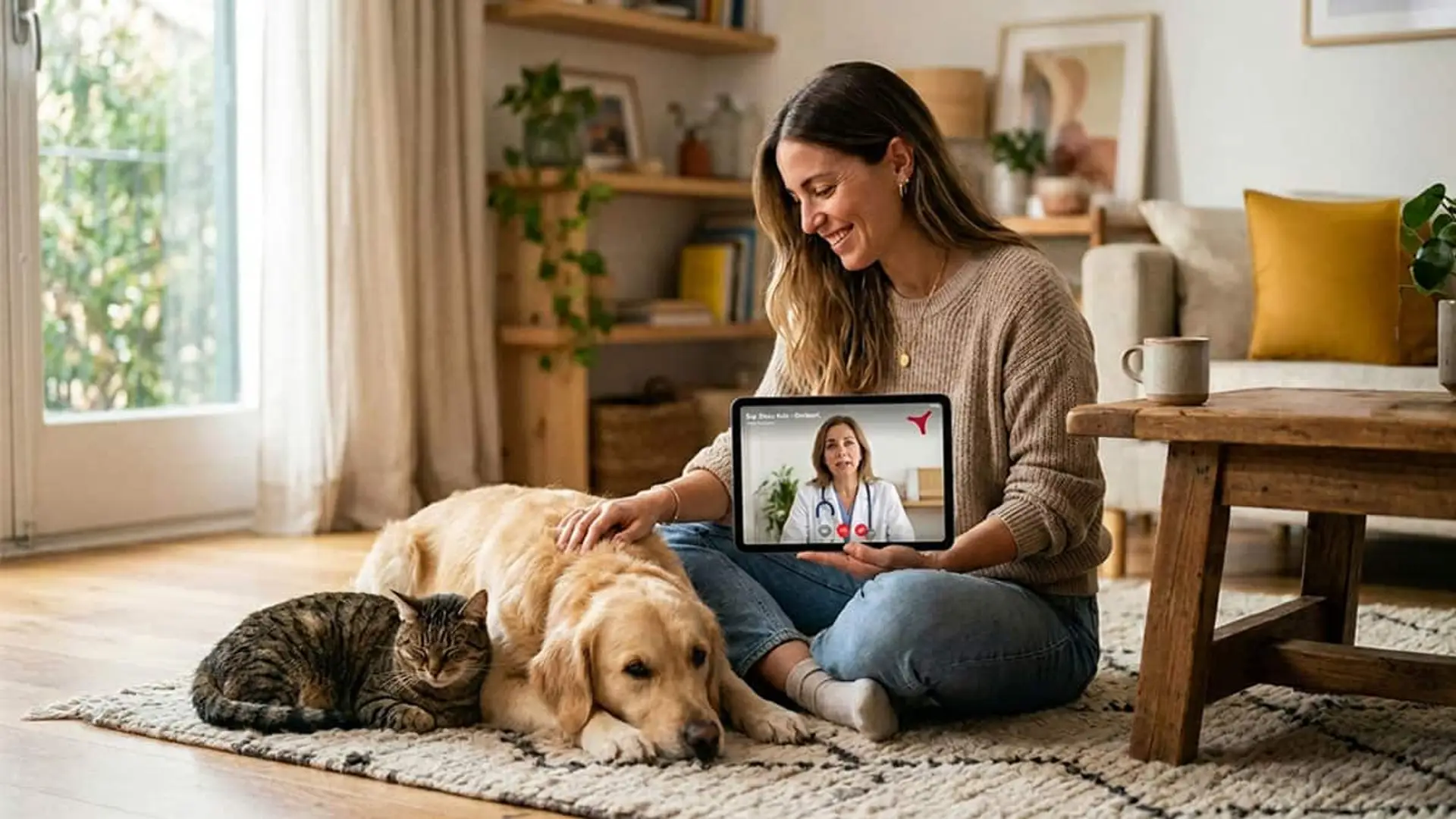 Occident añade televeterinaria gratuita a su seguro de mascotas: qué incluye y cuándo no sirve Mujer realizando una videoconsulta veterinaria en una tableta junto a un perro y un gato en el salón de una vivienda