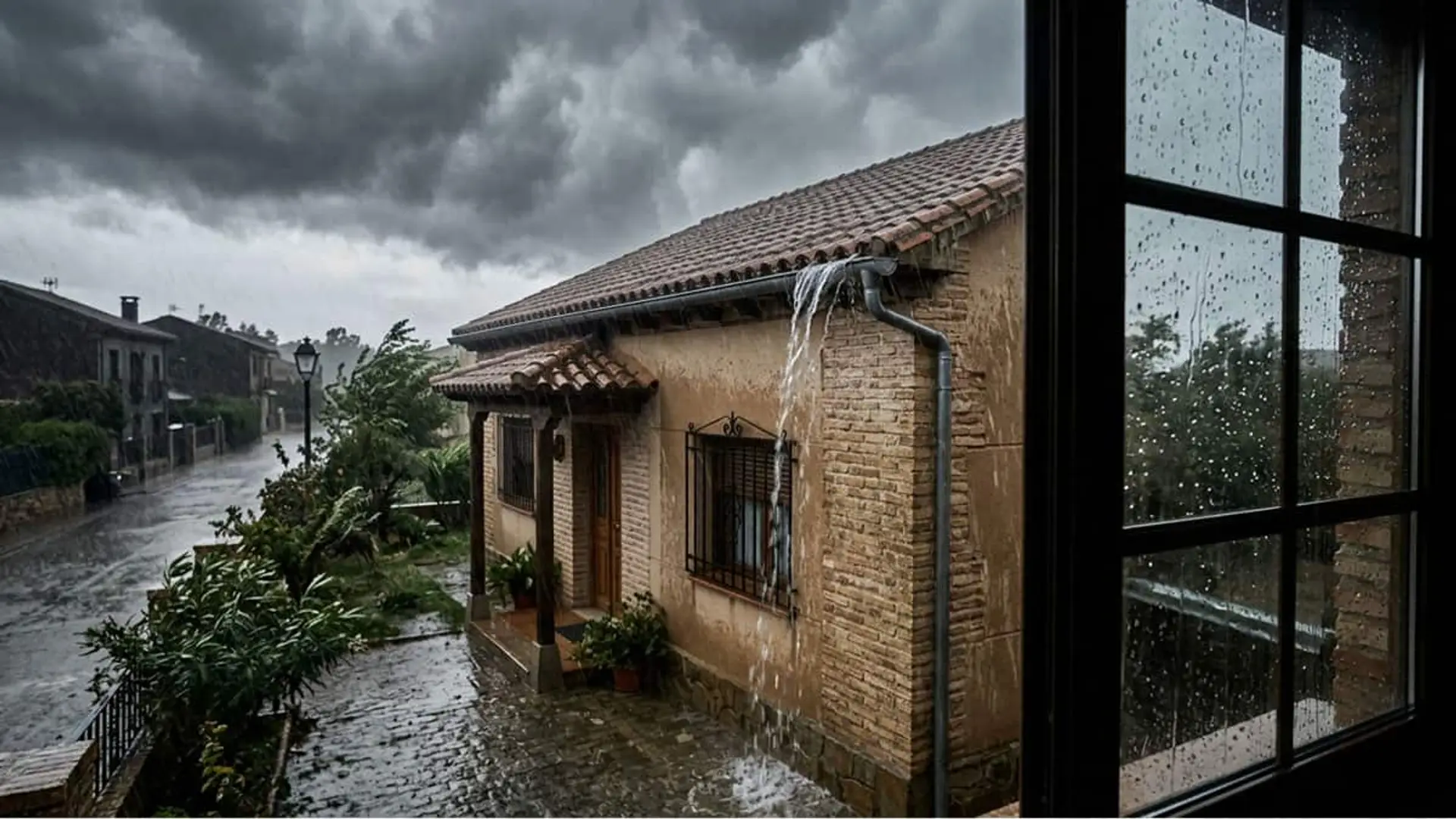 Las borrascas disparan un 68% los siniestros por mal tiempo en el seguro multirriesgo Vivienda vista desde una ventana durante una lluvia intensa, con agua saliendo de un canalón y nubes oscuras en el cielo