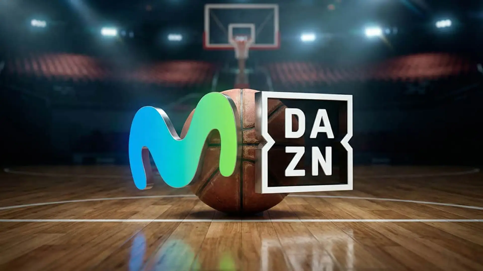 Así podrás ver NBA y ACB en Movistar Plus+: paquetes con DAZN y diales confirmados Balón de baloncesto en la cancha de un pabellón con los logos de DAZN y Movistar.