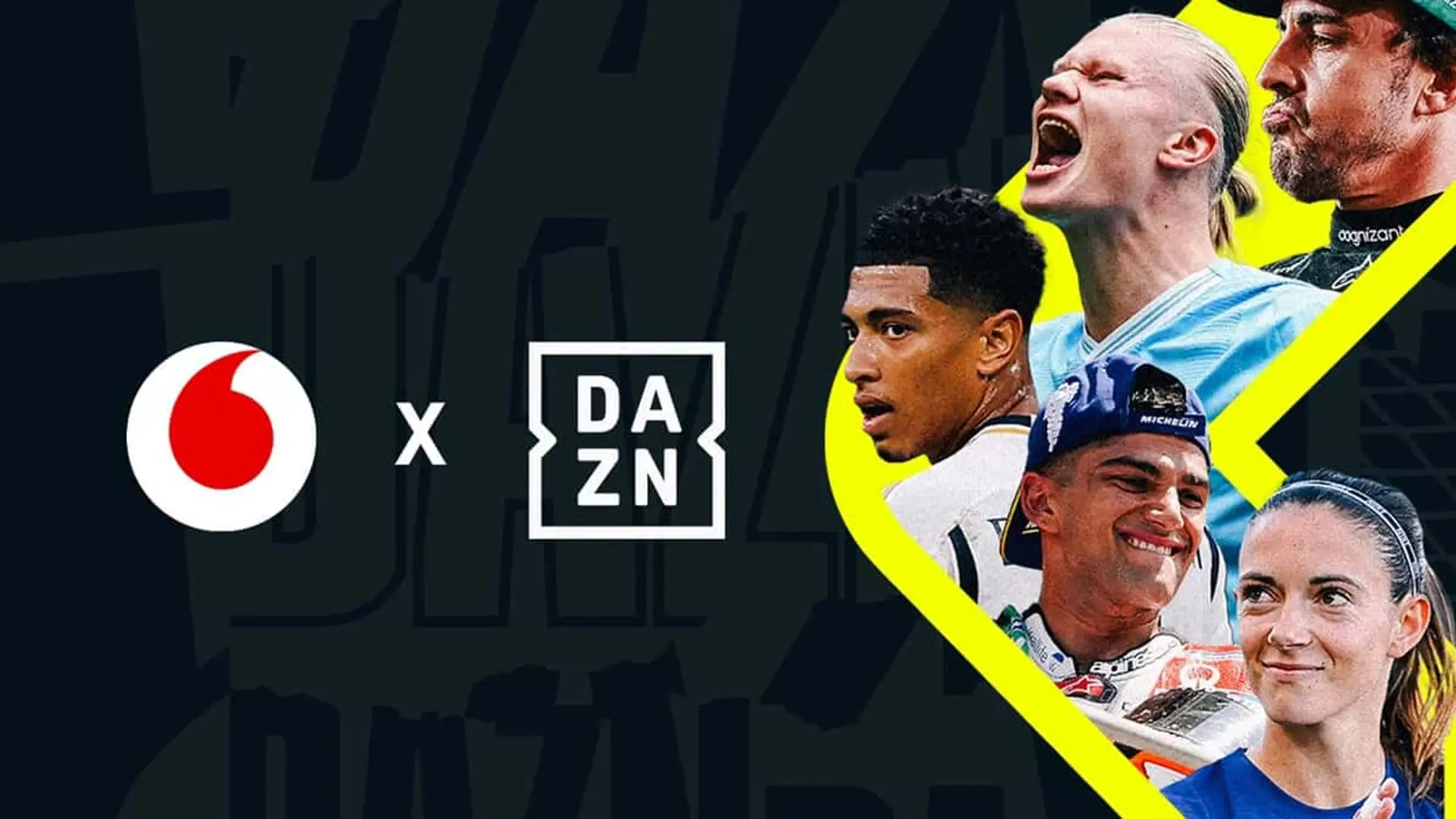 Imagen corporativa del acuerdo entre Vodafone y DAZN, con un collage de estrellas del deporte.