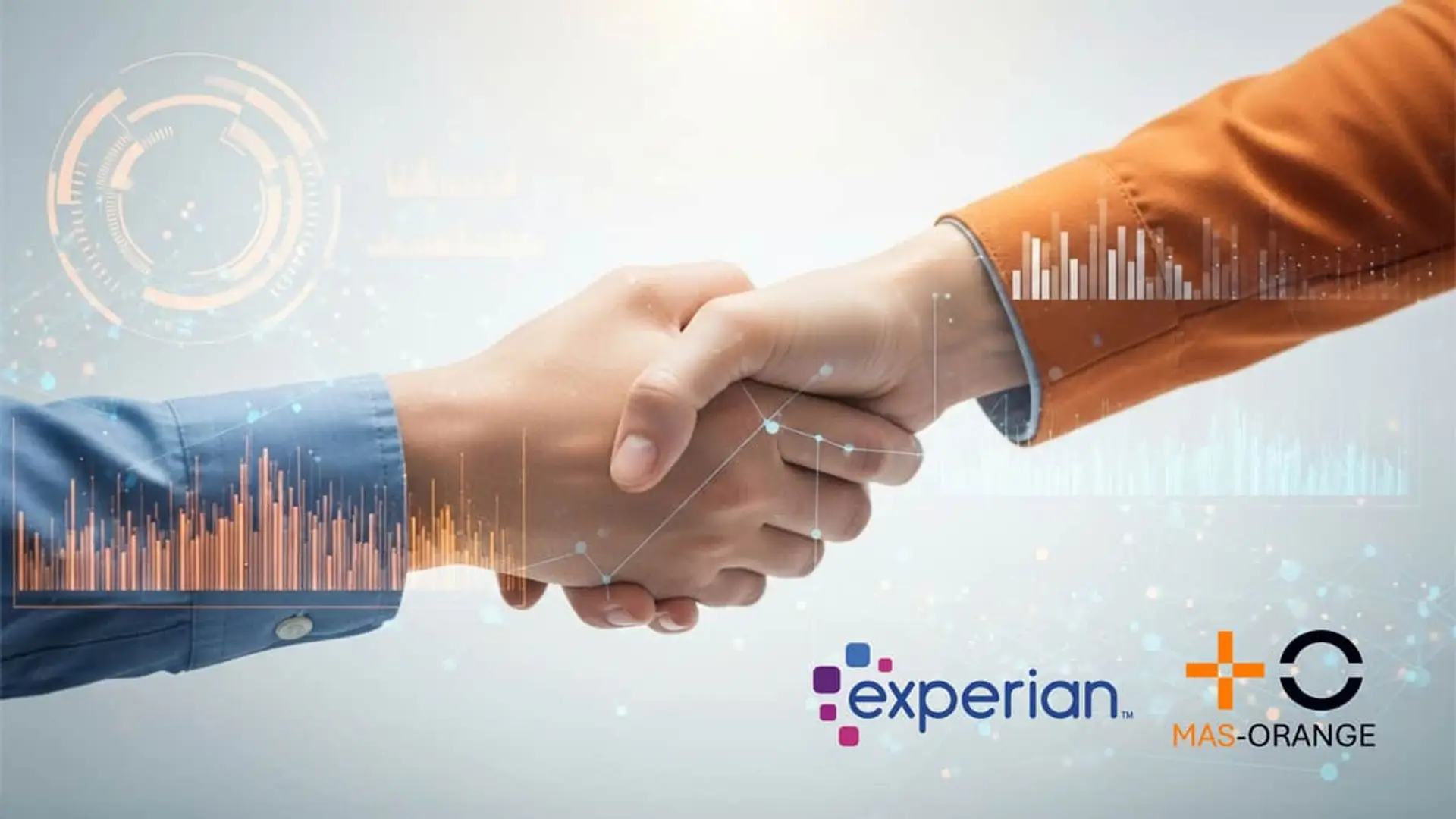 MasOrange quiere más clientes: los está buscando en banca y comercio electrónico Un apretón de manos con gráficos digitales simboliza la alianza tecnológica entre Experian y MasOrange.