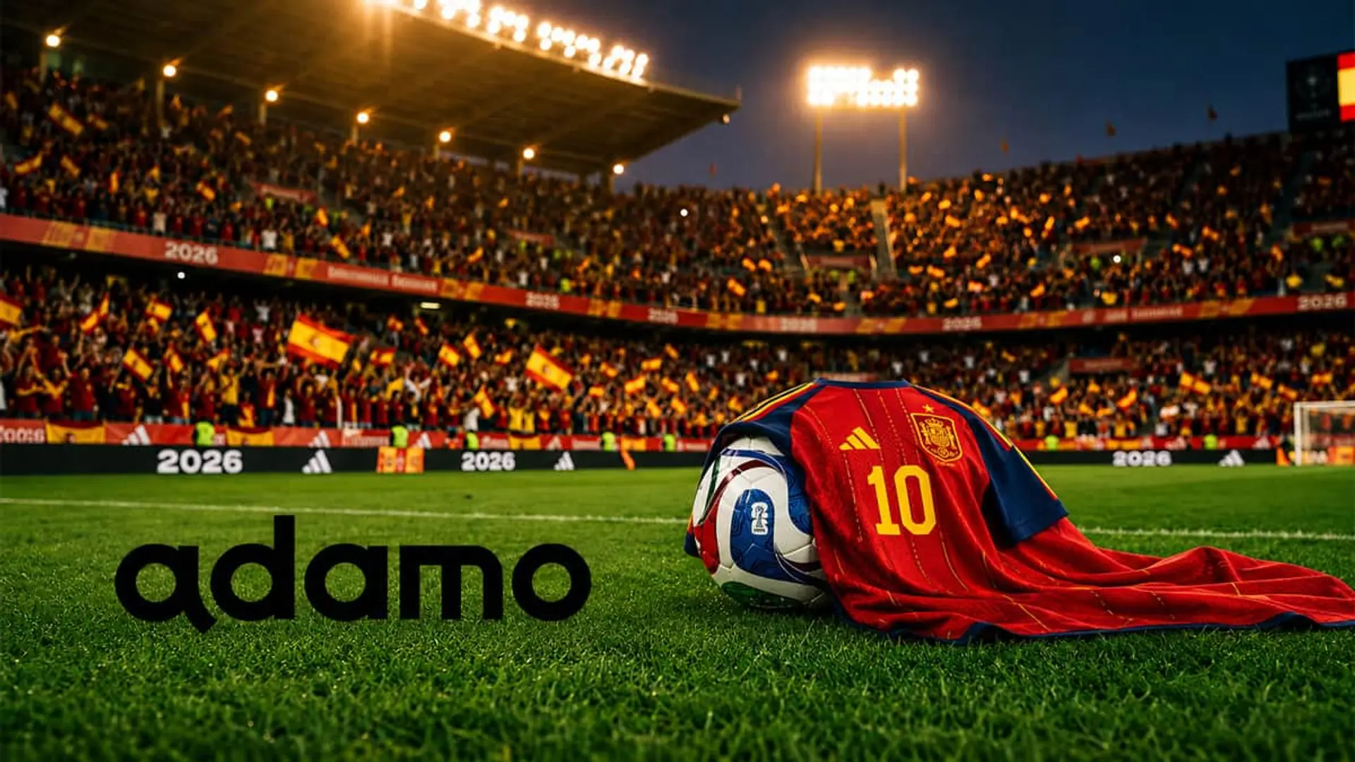 Camiseta de España número 10 sobre balón en estadio lleno de aficionados durante torneo internacional de fútbol.