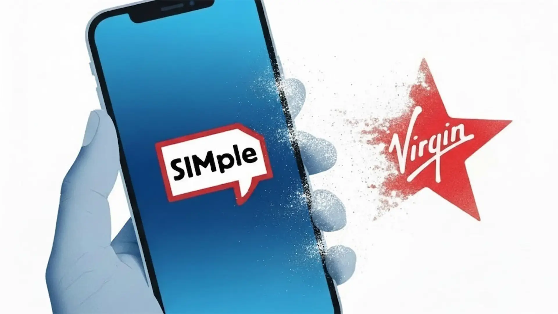 Rebranding de Virgin Telco a SIMple, con el logo de Virgin deshaciéndose y el de SIMple apareciendo en un móvil.
