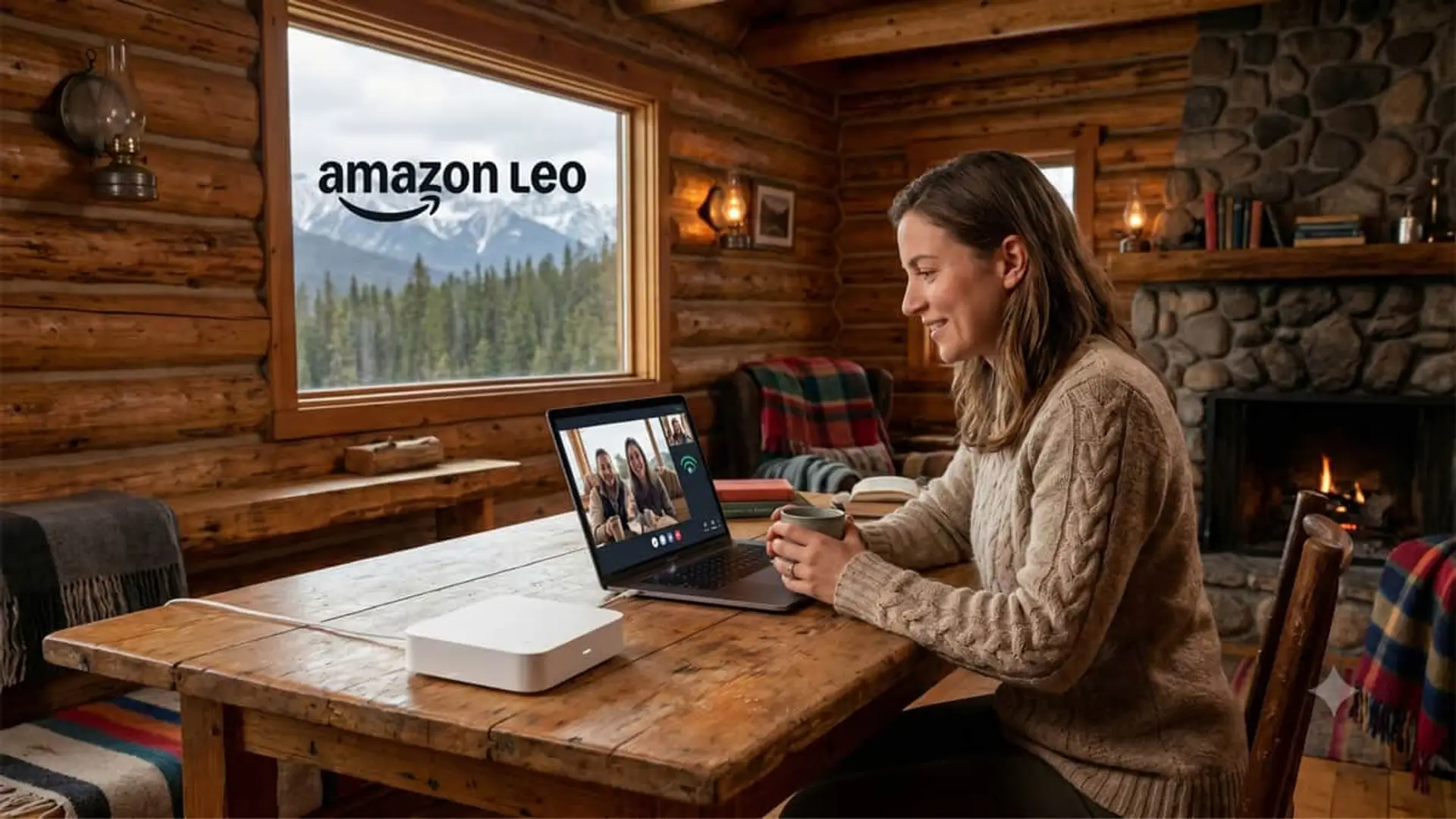 Mujer usando internet satelital de Amazon Leo para una videollamada desde una cabaña en las montañas.