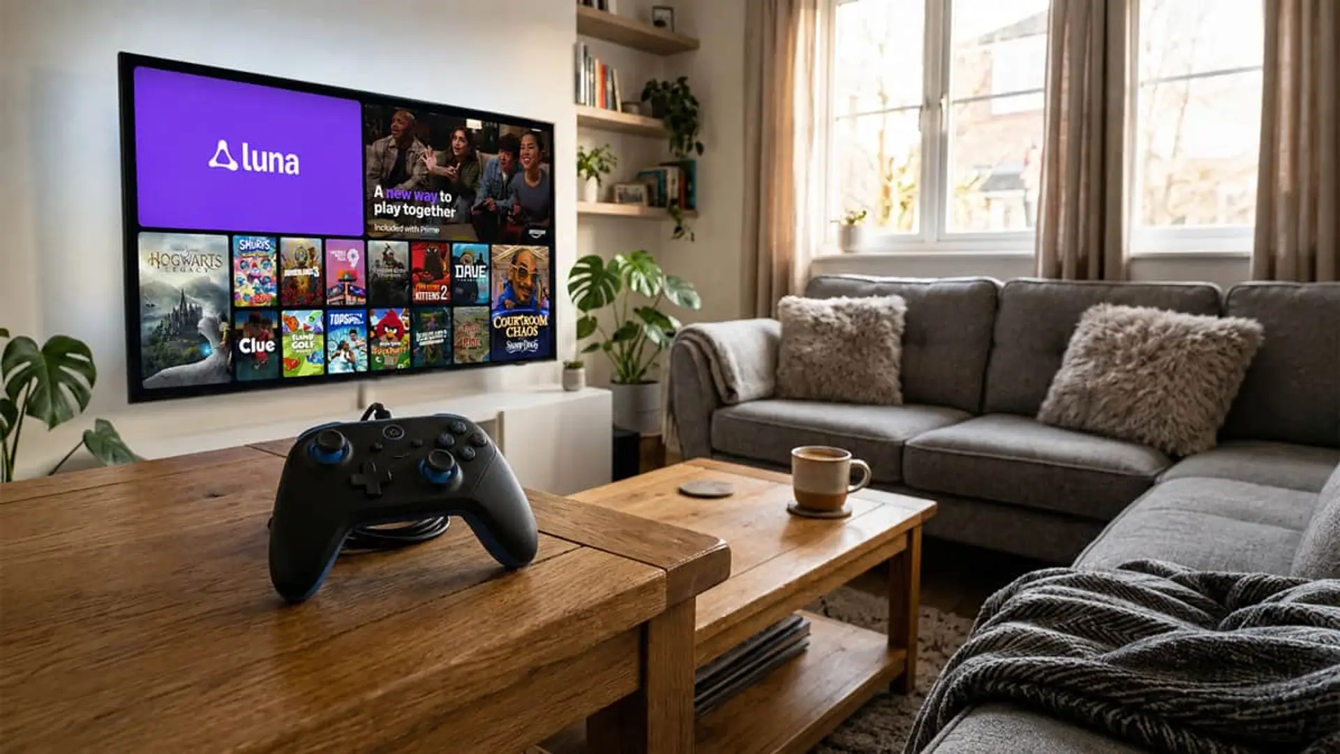 Amazon Luna en Smart TV con mando en un salón moderno, servicio de videojuegos en la nube.