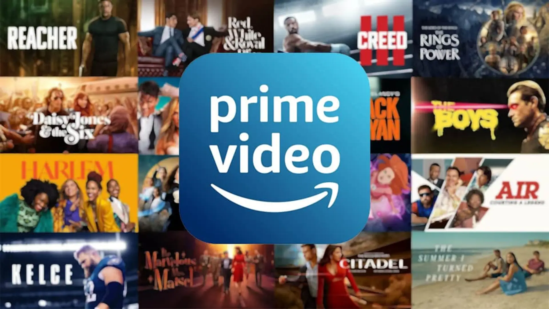 Logo de Amazon Prime Video sobre un collage de portadas de series y películas originales