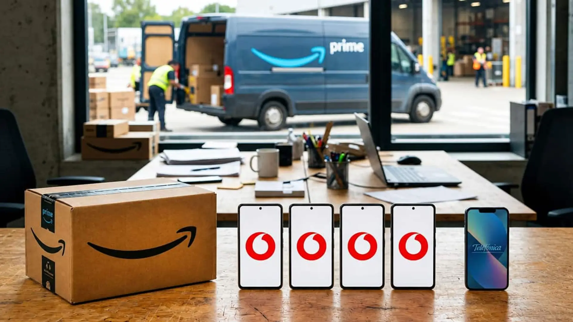 Vodafone le quita a Telefónica el contrato de móviles de Amazon en España Paquetes y furgoneta de Amazon junto a móviles con los logos de Vodafone y Telefónica