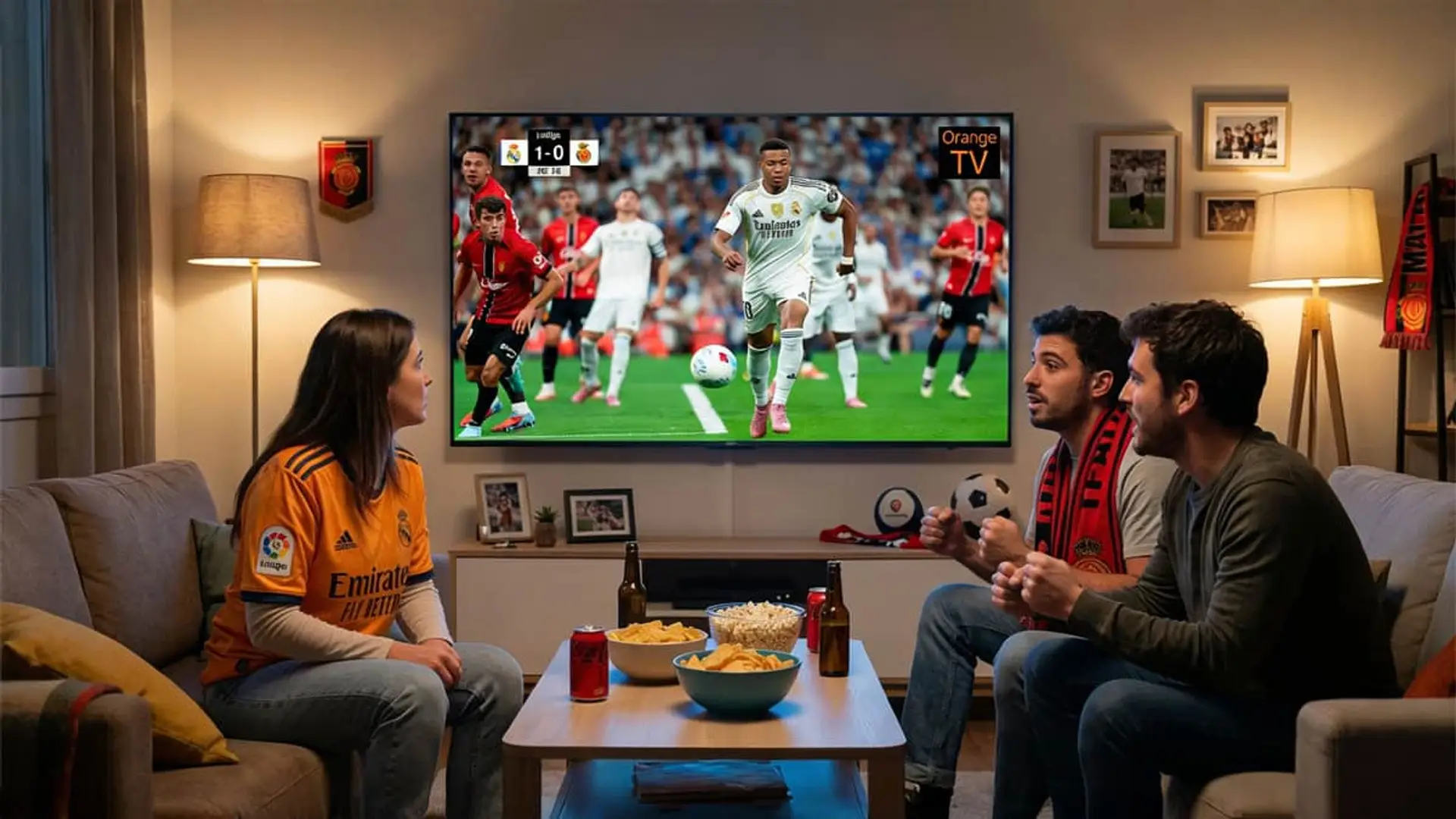 LaLiga y Champions por 5€/mes en Orange TV: qué entra y qué no en el nuevo Deportes Extra Grupo de amigos viendo un partido de fútbol en Orange TV desde el salón de casa.