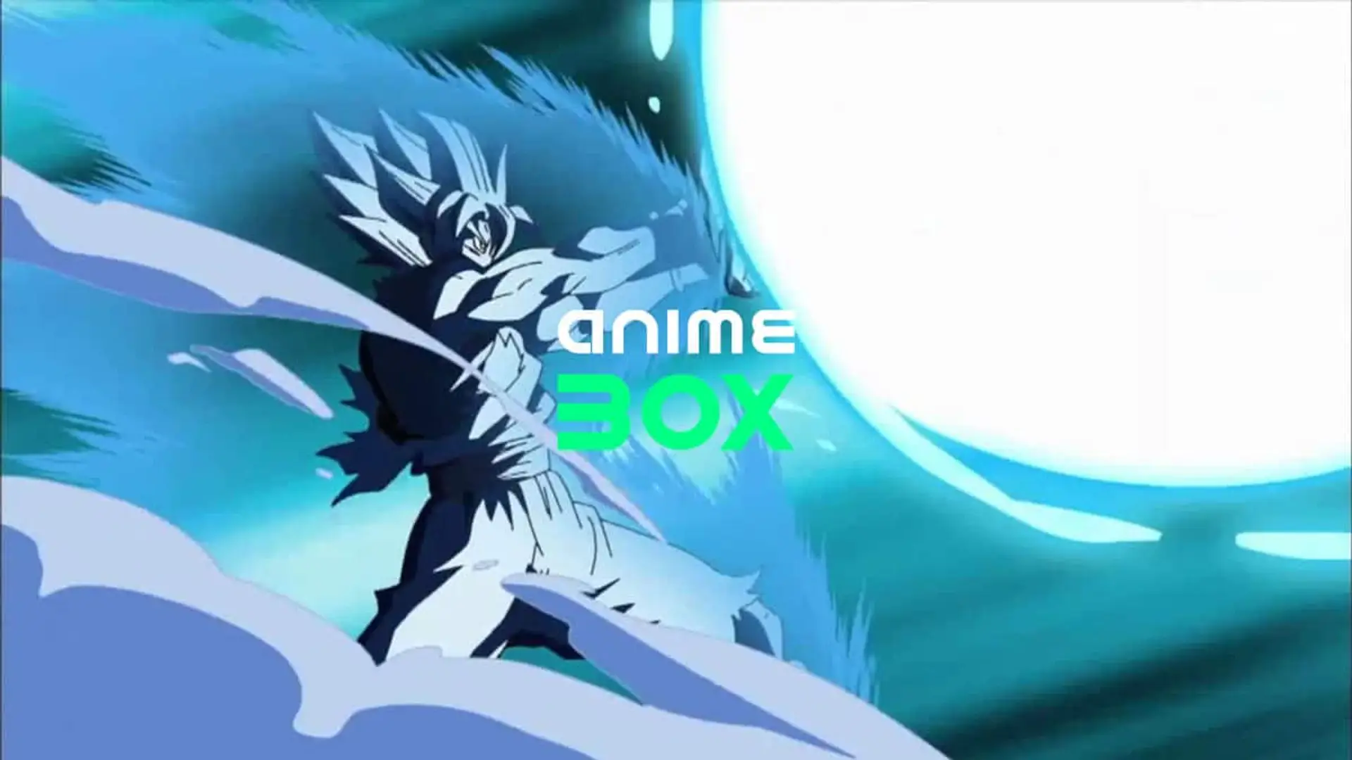 Escena de anime de acción con Goku de Dragon Ball lanzando un ataque de energía y texto de Anime Box.