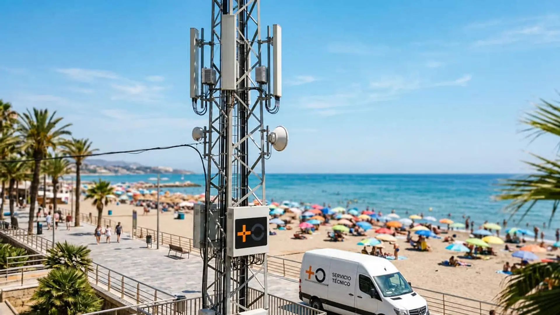 Antena de telefonía móvil de MasOrange instalada junto a una playa con bañistas durante la temporada de verano
