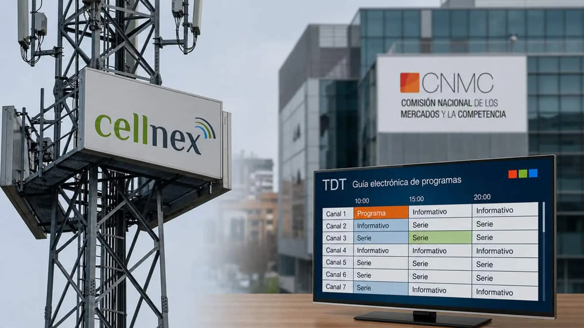 Antena de telecomunicaciones con el logotipo de Cellnex junto al edificio de la CNMC y un televisor con una guía de canales TDT