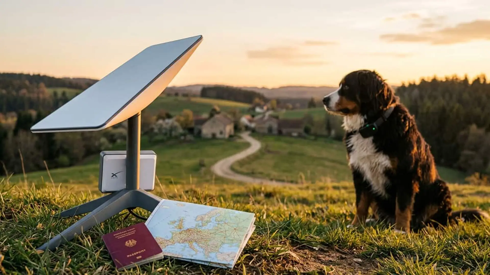 Antena Starlink junto a un perro, un pasaporte y un mapa de Europa en una zona rural