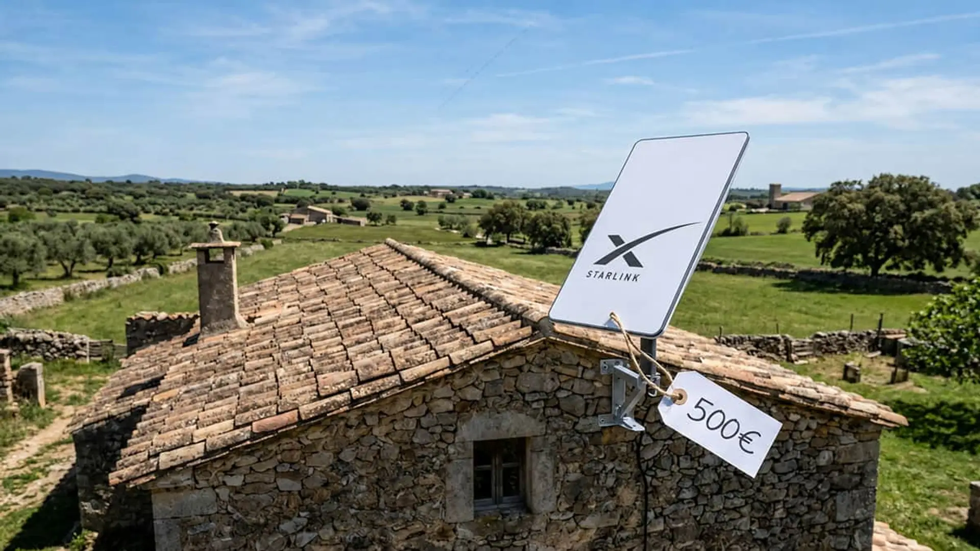 Antena Starlink en tejado rural de piedra con etiqueta de 500 euros en el campo