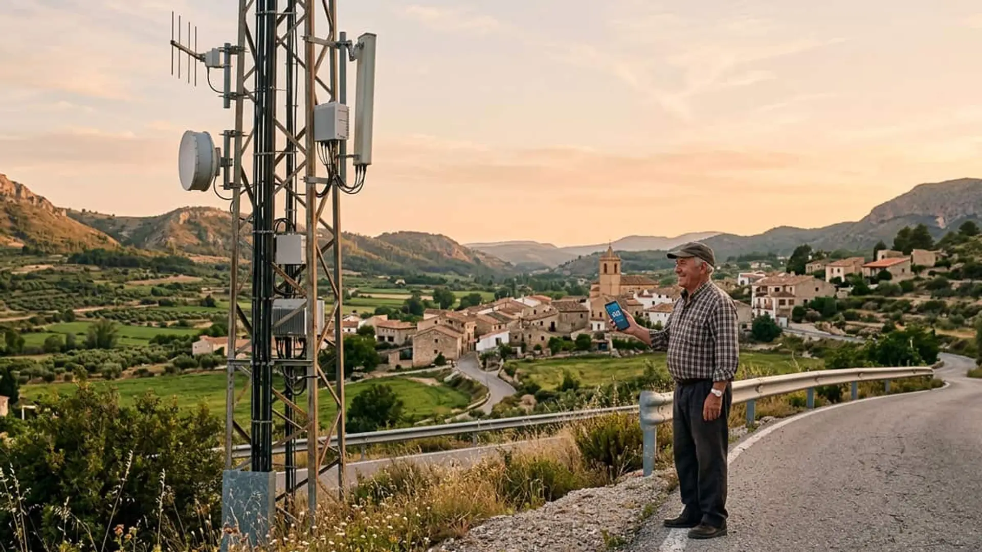 17,9 millones de euros para acercar el 5G nativo a las 13.301 zonas más aisladas de España Hombre con un teléfono móvil junto a una antena de telecomunicaciones con un pueblo rural al fondo