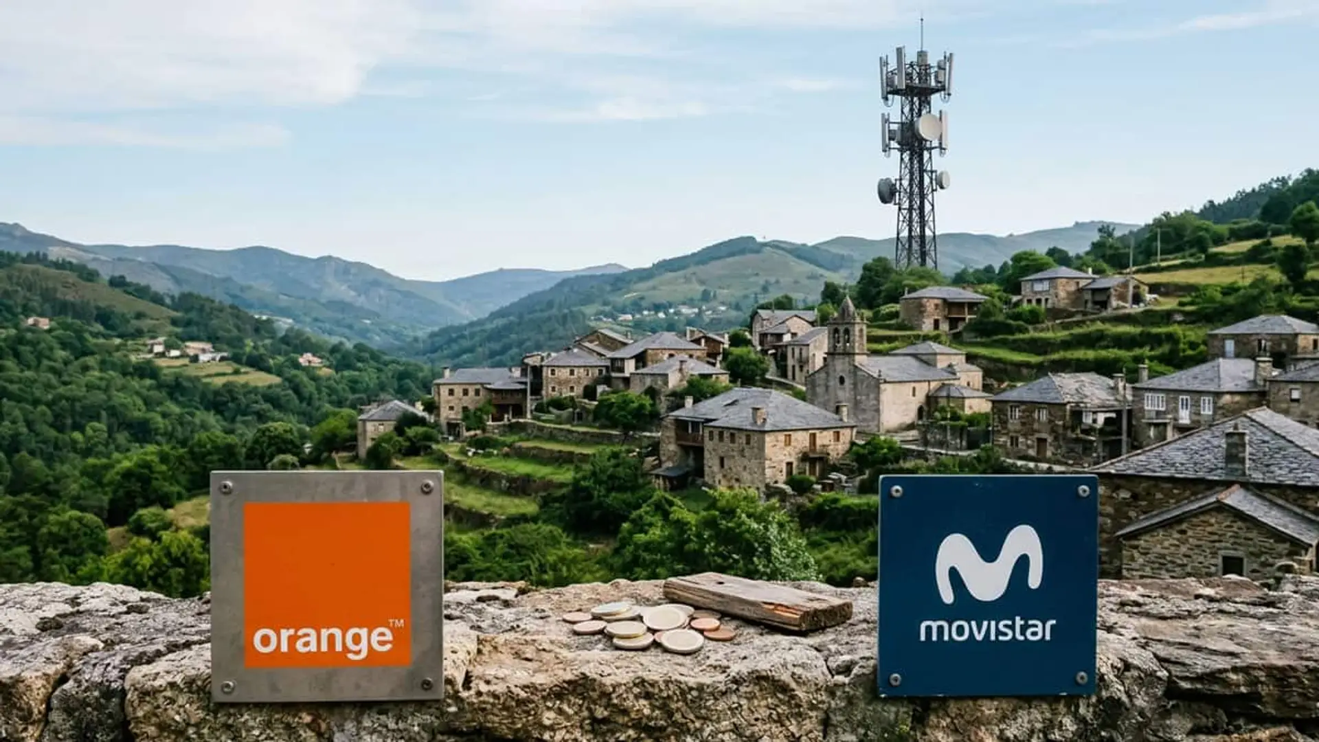 Antena de telecomunicaciones junto a un pueblo de montaña, con casas de piedra, monedas y carteles de Orange y Movistar.
