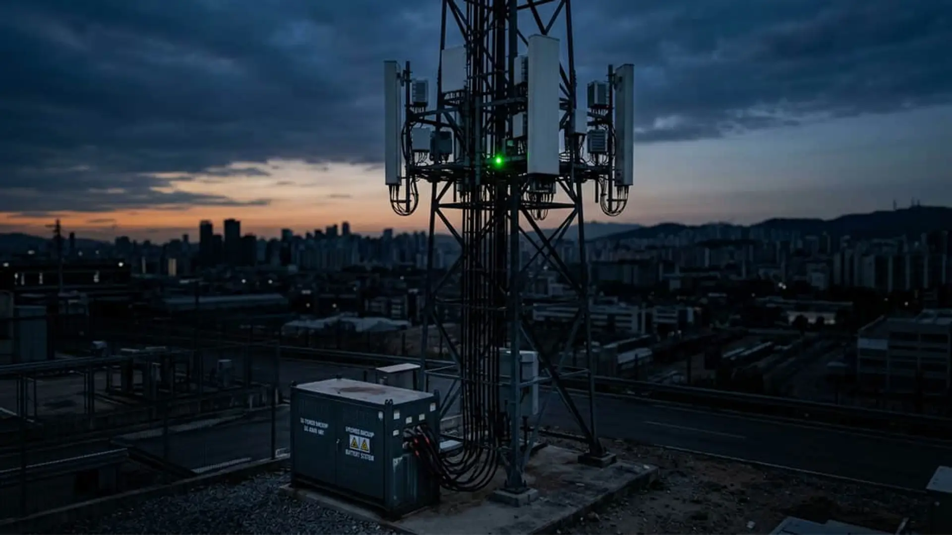 Antena de telefonía móvil al atardecer en ciudad, clave para cobertura durante apagones