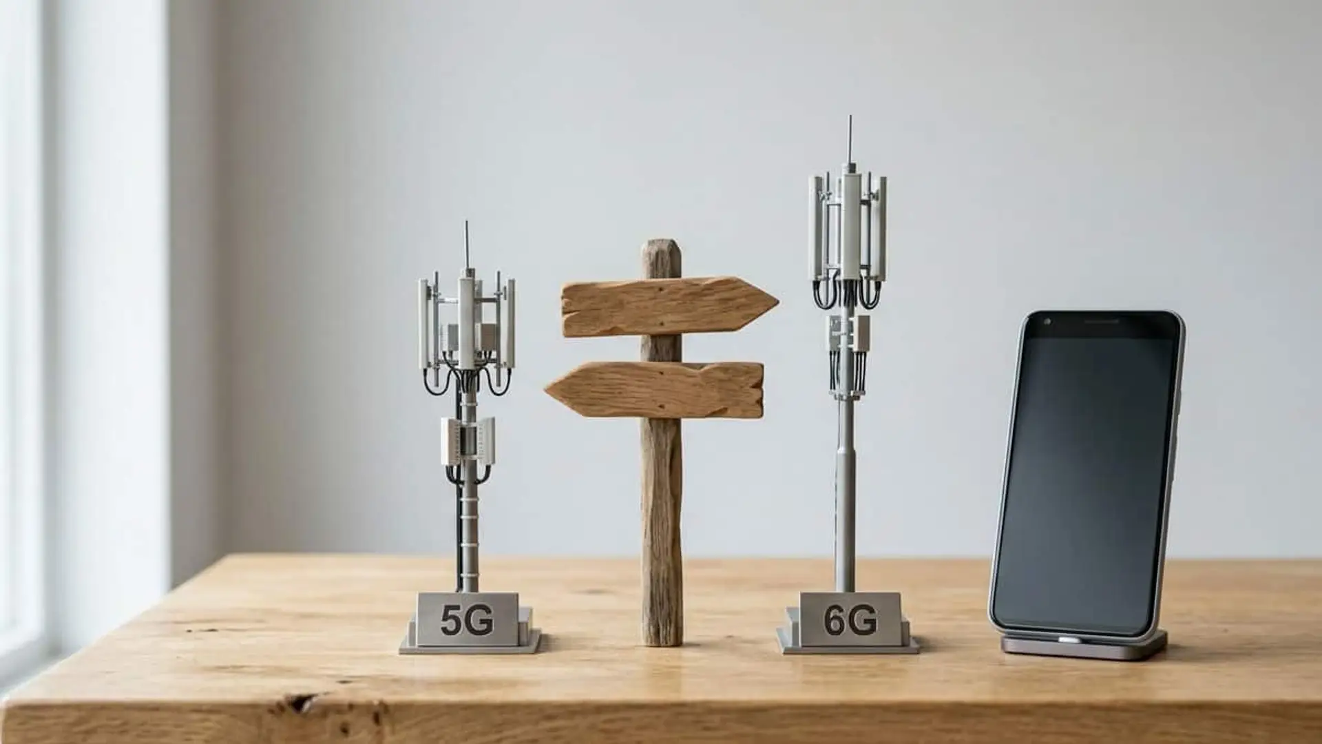 La decisión sobre migrar del 5G al 6G se aplaza a diciembre: por ahora, el horizonte sigue en 2030 Dos antenas de telecomunicaciones identificadas como 5G y 6G, separadas por un poste de madera con flechas en direcciones opuestas, junto a un teléfono móvil sobre una mesa.