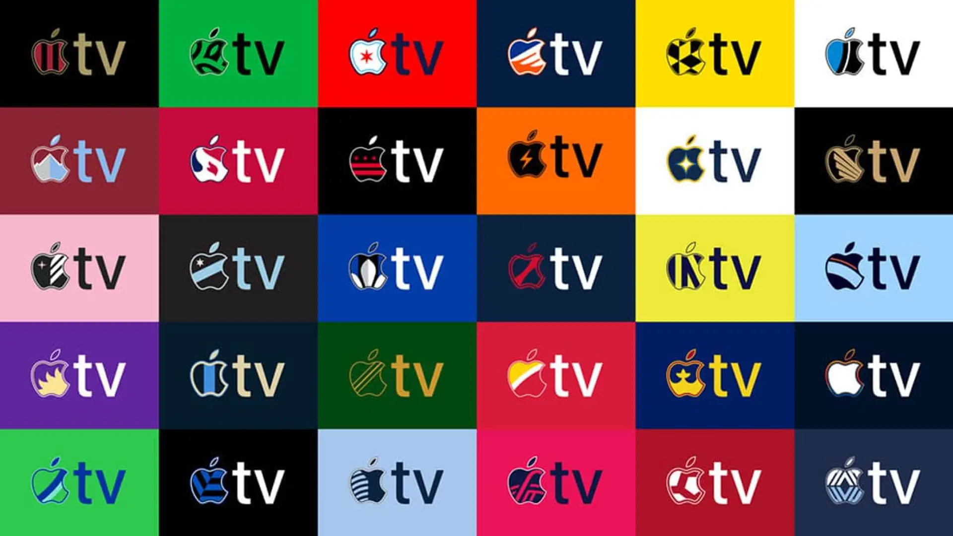 ¿Tienes Apple TV? Ahora puedes ver fútbol sin pagar ni un euro más Collage con múltiples logos de la plataforma de streaming Apple TV, cada uno representando a un equipo de fútbol.