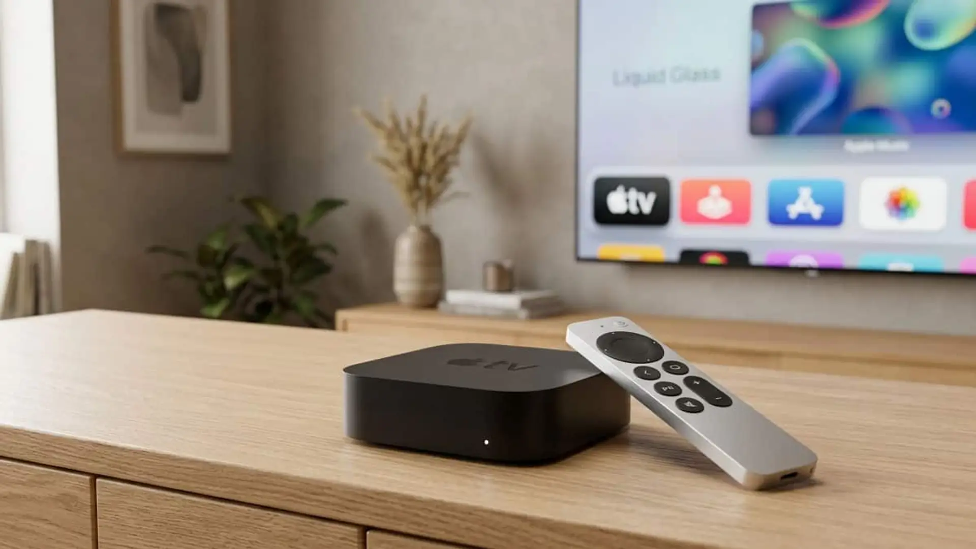 Apple TV 4K con su mando sobre un mueble frente a una televisión con la interfaz de Apple TV