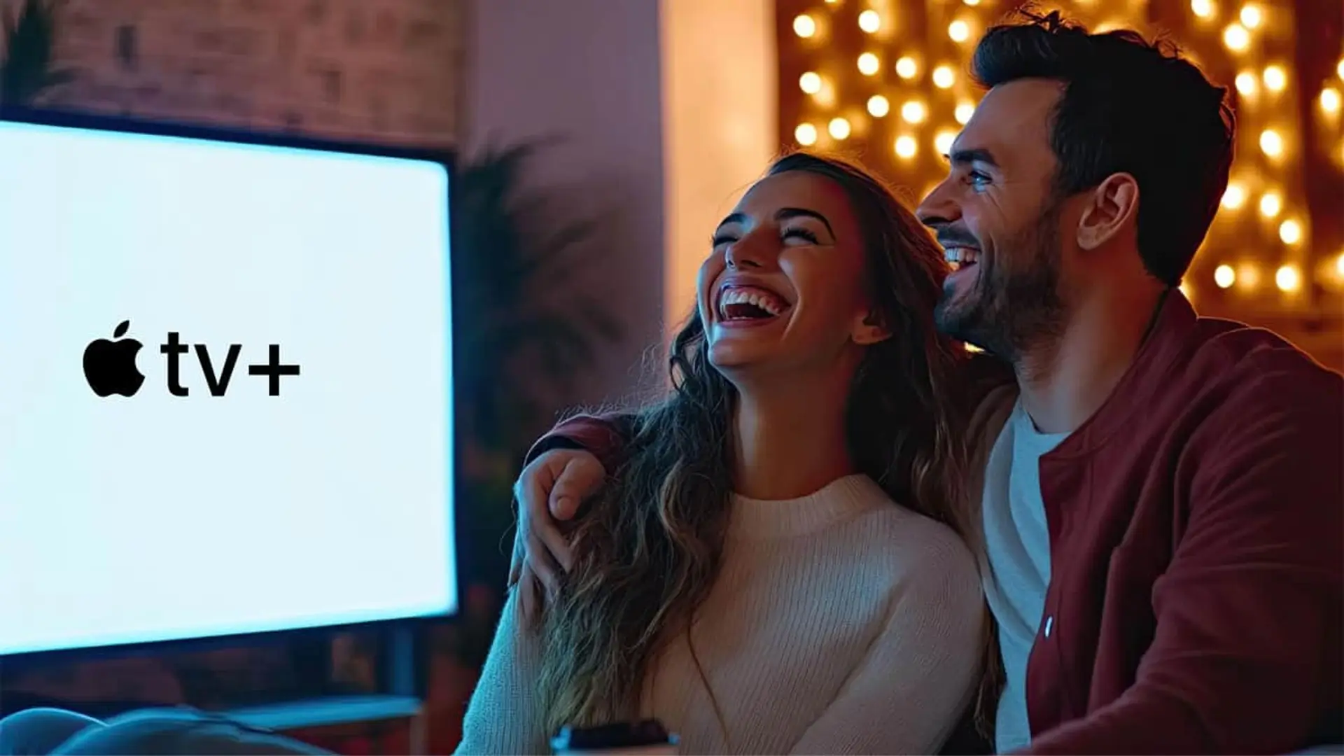 Apple TV+ apuesta fuerte con sus estrenos de diciembre: del éxito de Brad Pitt con F1 a la nostalgia de Fraggle Rock Pareja joven riendo frente al televisor disfrutando del catálogo de Apple TV+