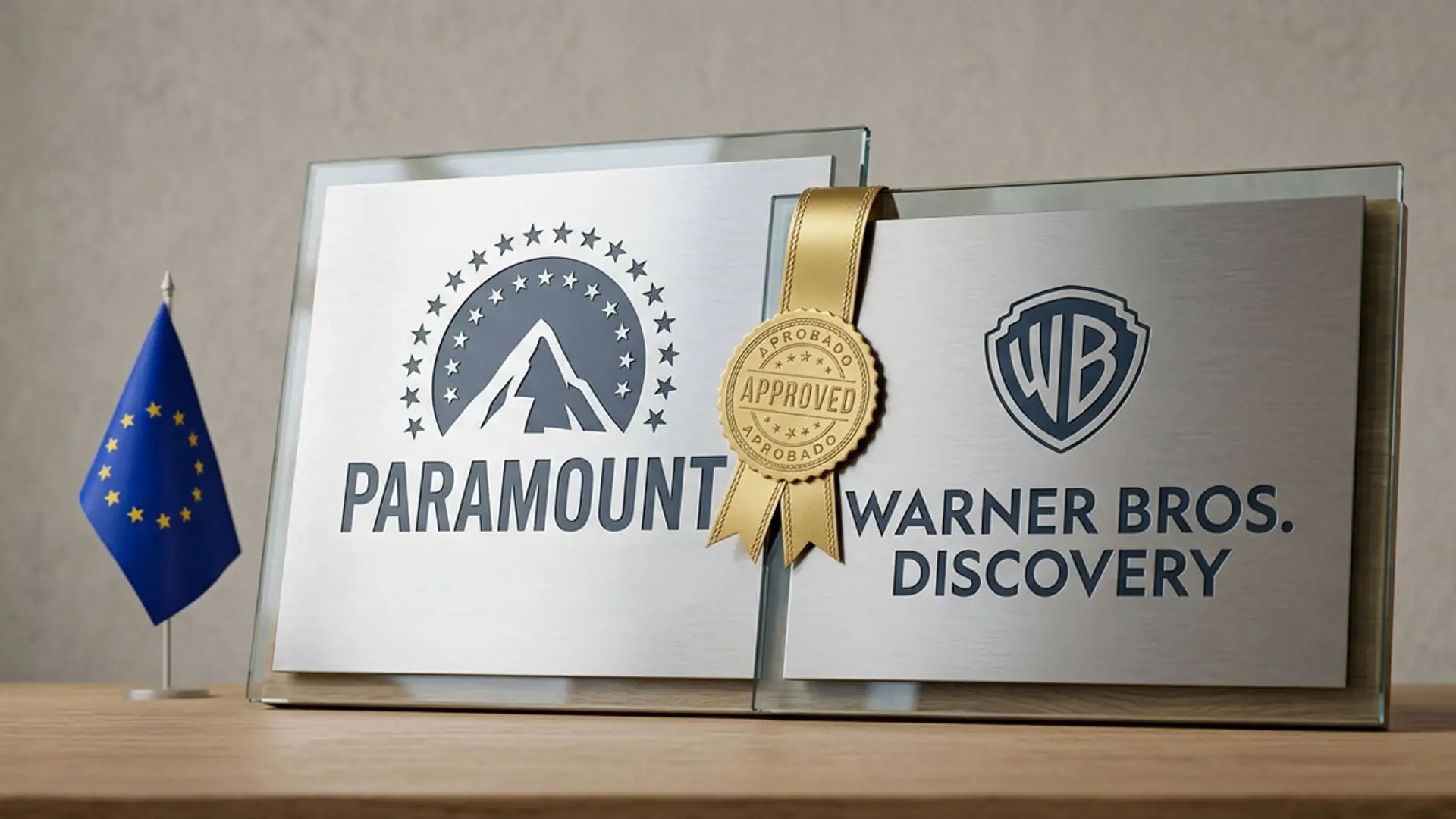 Logotipos de Paramount y Warner Bros. Discovery con un sello de aprobación y una bandera de la Unión Europea