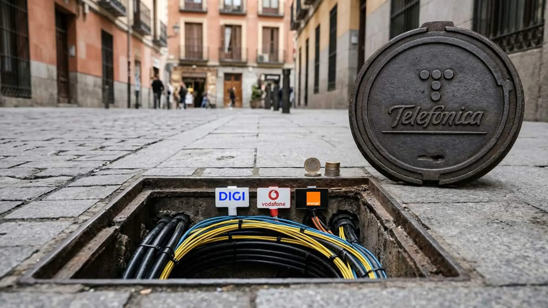 Arqueta de fibra óptica abierta con cables de DIGI, Vodafone y Orange, junto a una tapa de Telefónica en una calle.