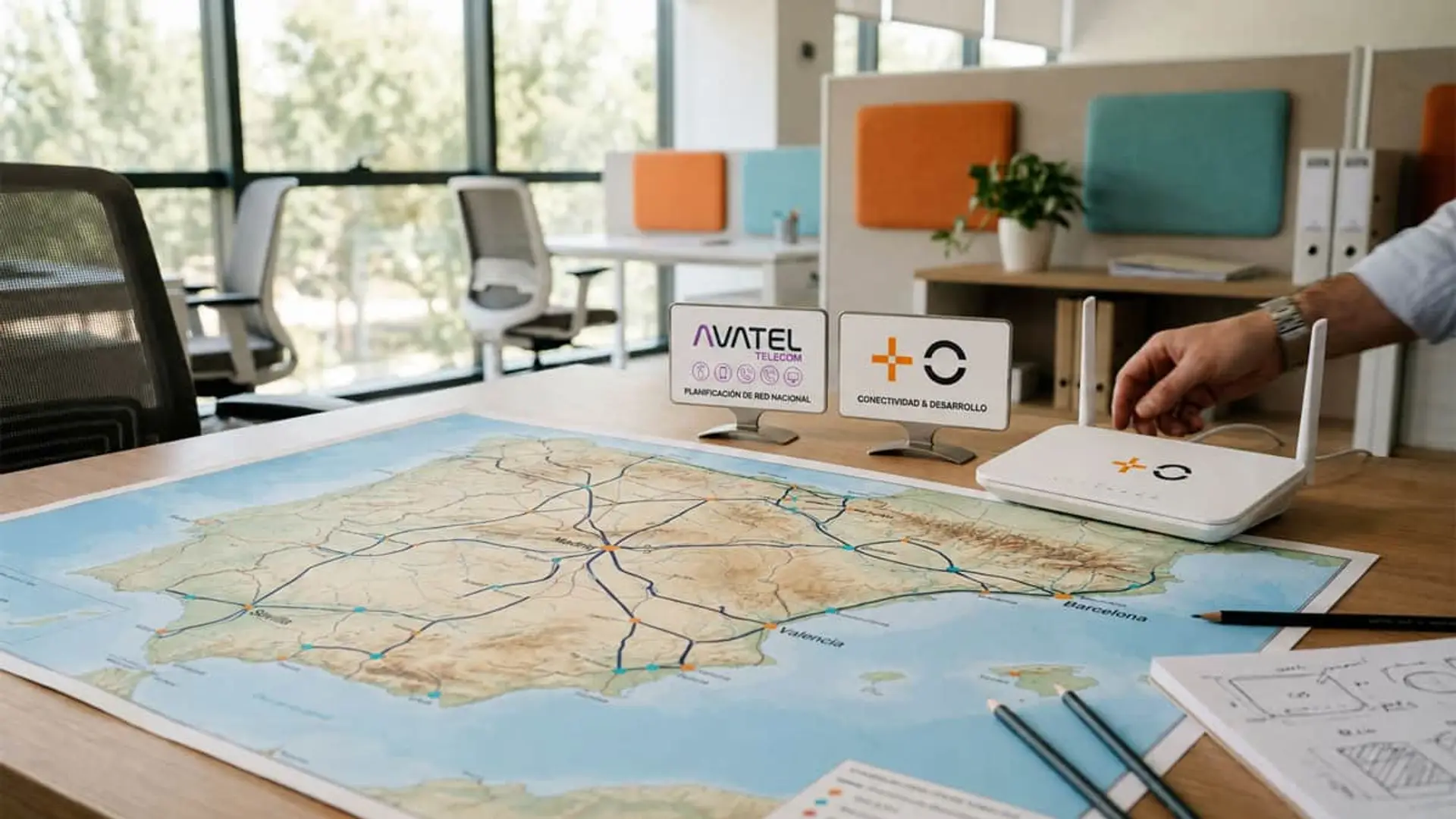 Oficina de Avatel Telecom con mapa de red nacional de España, router y señalética de conectividad sobre mesa de trabajo