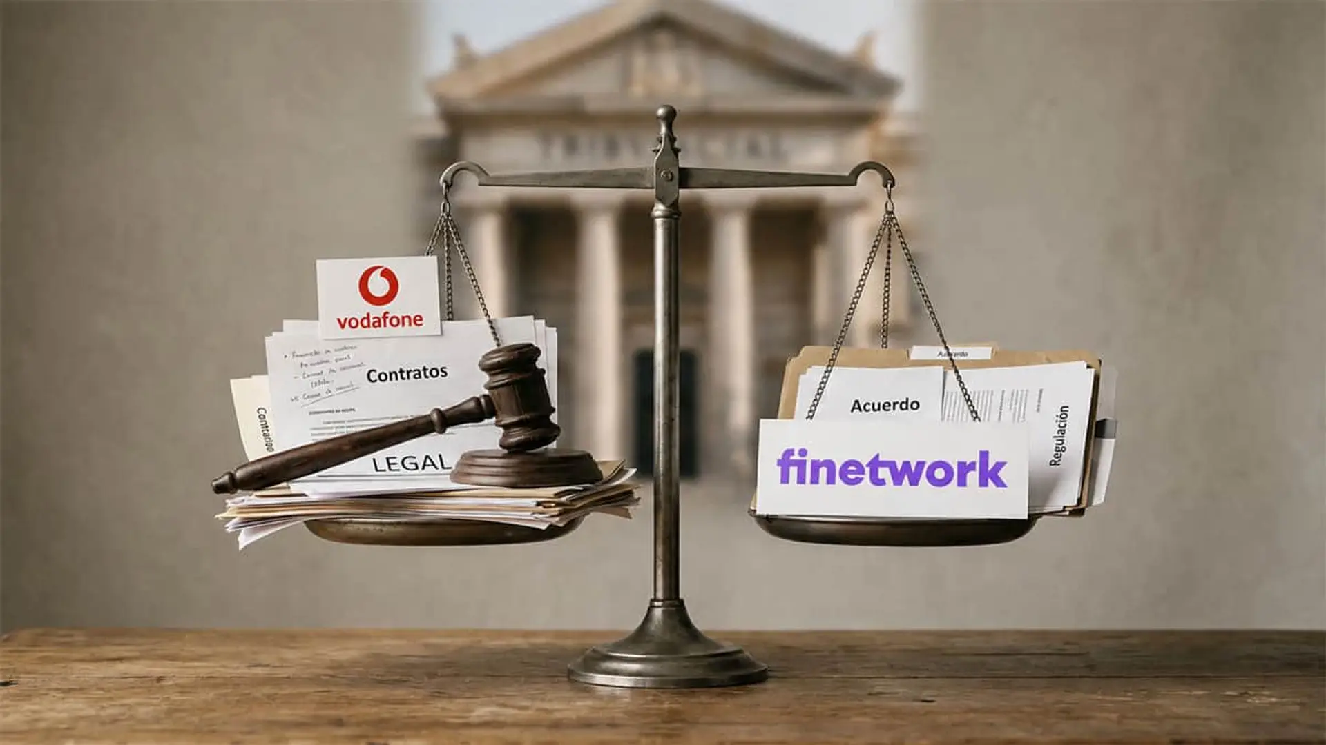 La Justicia confirma a Vodafone como única dueña de Finetwork y obliga a Wewi a dejar la marca el 10 de octubre Balanza con documentos legales y los logos de Vodafone y Finetwork ante un edificio judicial.