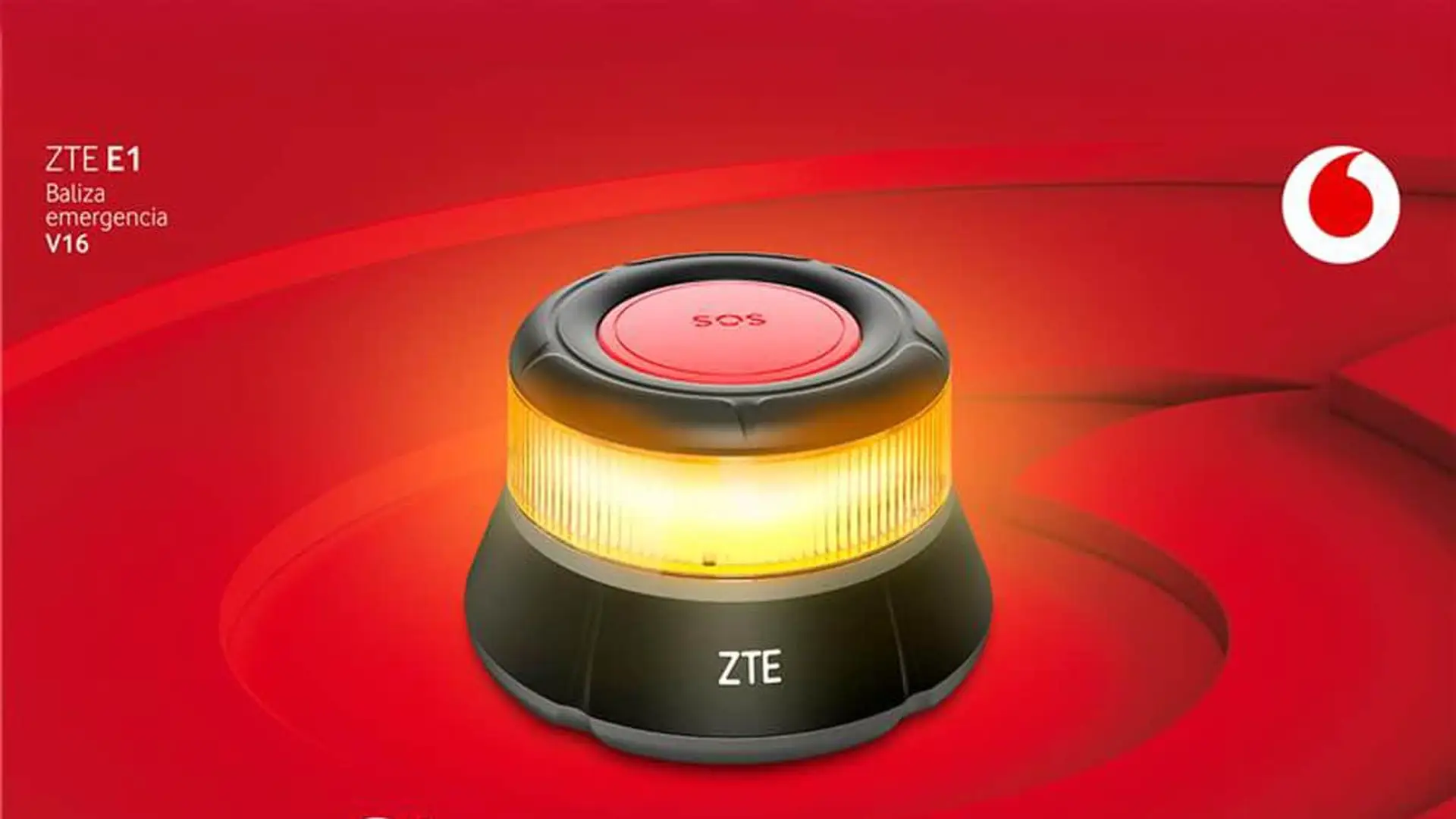 Baliza de emergencia conectada ZTE E1 de Vodafone iluminada sobre fondo rojo.