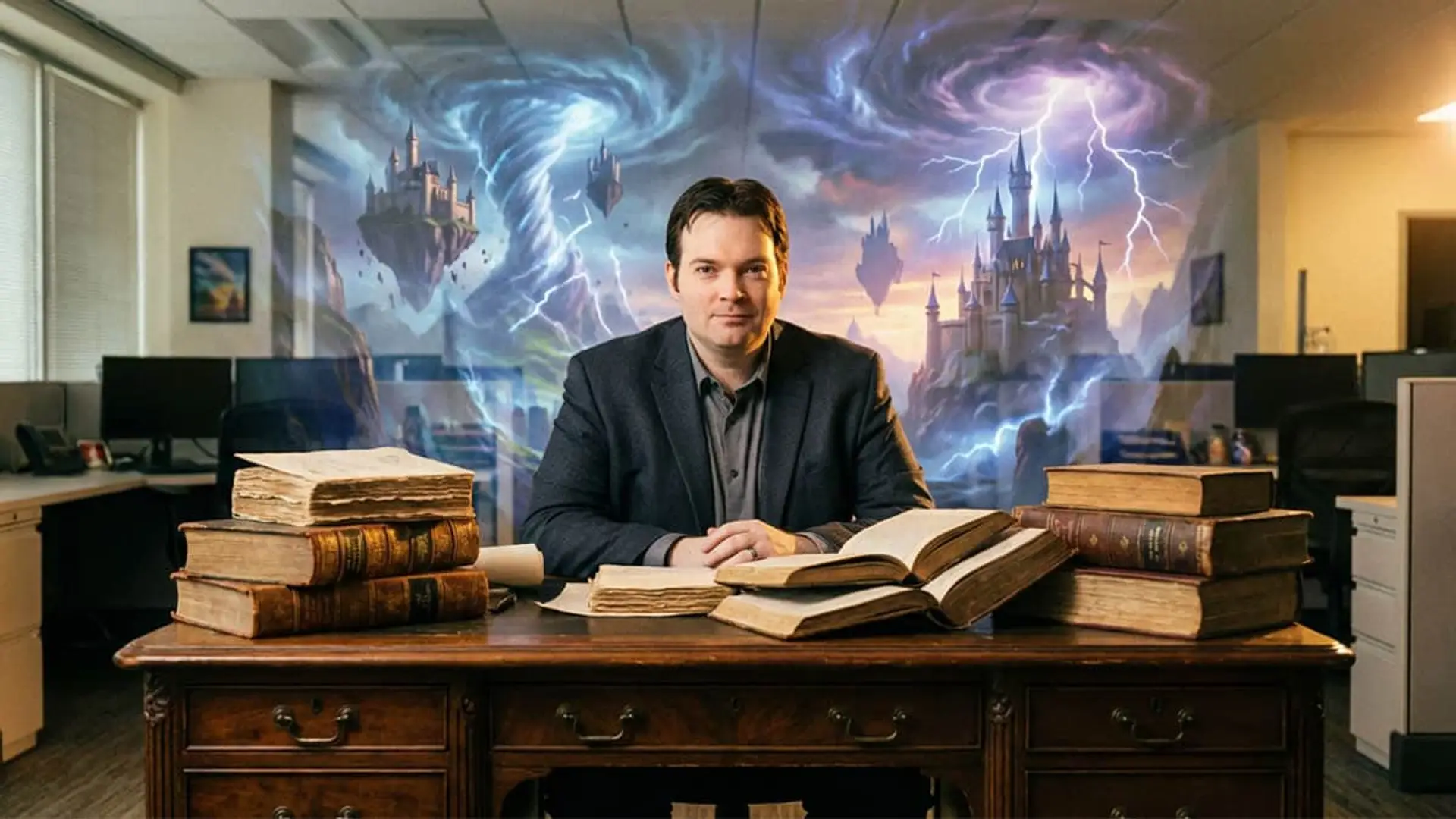 Apple TV cierra un acuerdo histórico con Brandon Sanderson: adaptará el Cosmere en cine y streaming Brandon Sanderson en su despacho con libros antiguos y un fondo de fantasía épica. Autor de novelas de éxito.