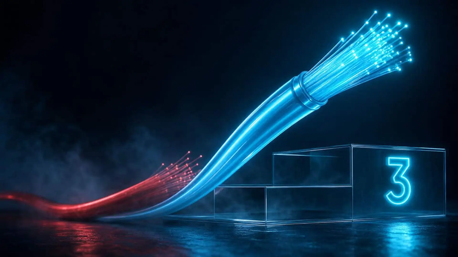De operador low cost a tercero en fibra: la escalada de DIGI que ha dejado atrás a Vodafone Cable de fibra óptica azul ascendiendo junto a un podio transparente con el número tres iluminado sobre un fondo oscuro