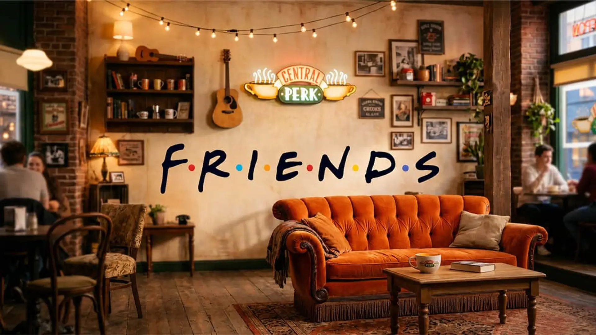 Friends vuelve a la televisión: en qué canal la verás gratis si tienes Movistar, Vodafone, Orange o Digi Cafetería inspirada en Friends con sofá naranja icónico y decoración de Central Perk en ambiente acogedor.