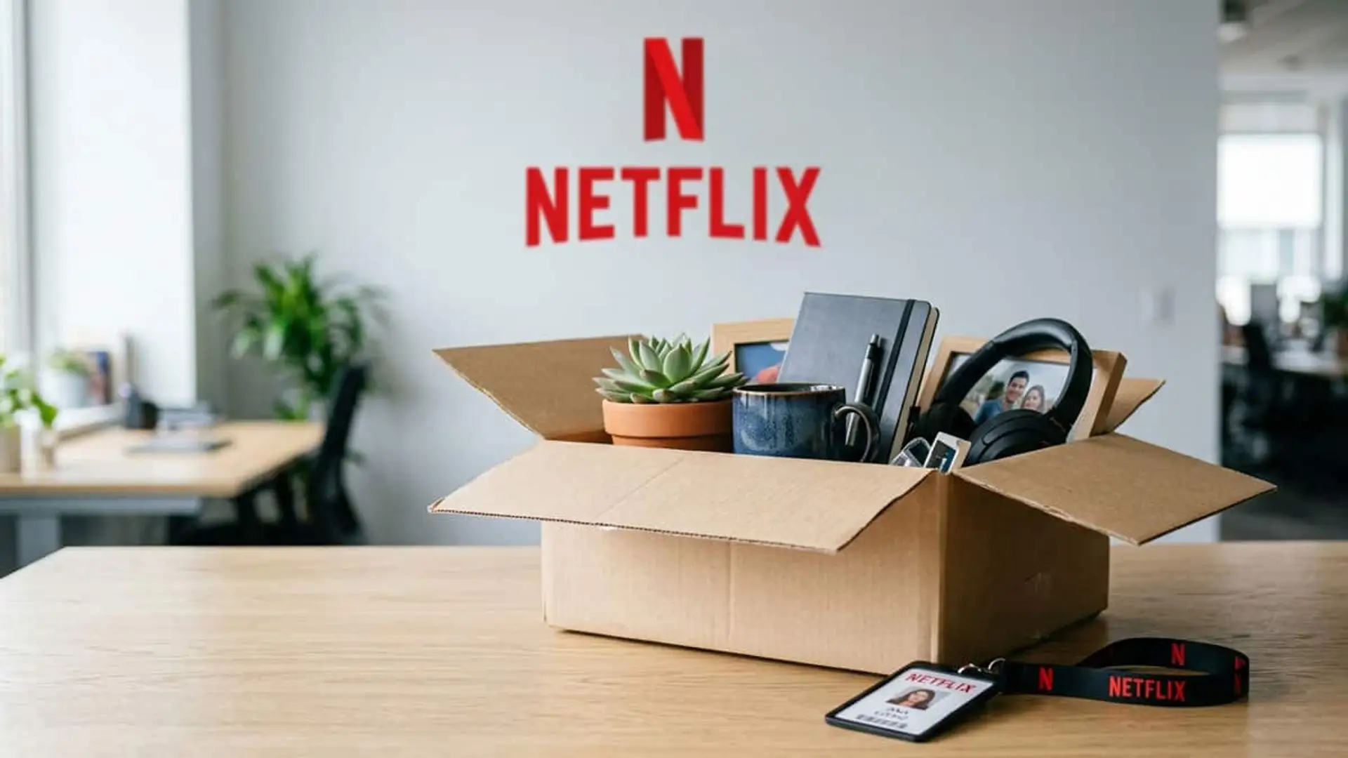 Caja de cartón con objetos personales de oficina, una planta, auriculares, una taza y una acreditación de empleado, con el logotipo de Netflix al fondo.