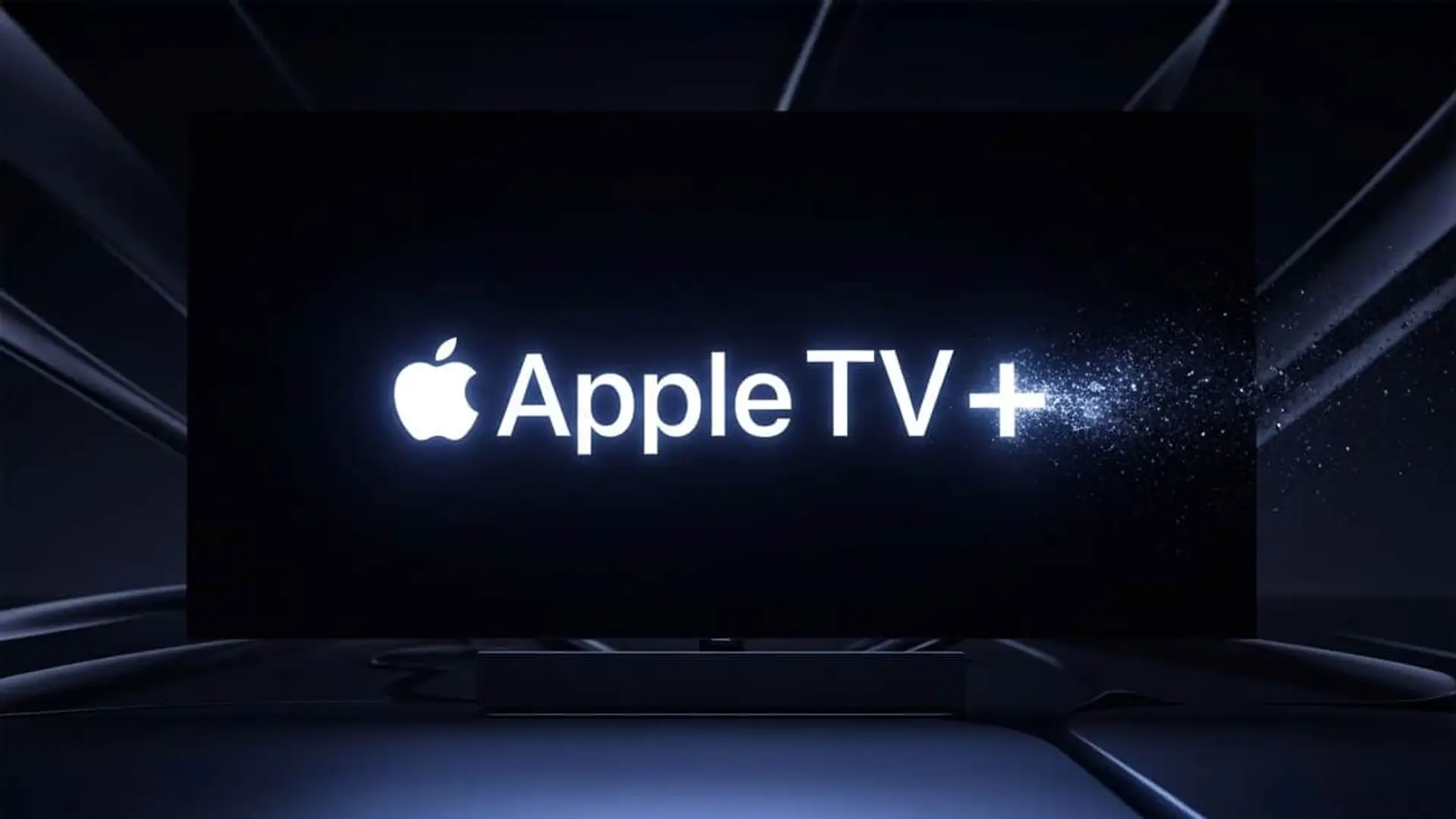 Televisor con el logotipo iluminado de Apple TV+ sobre fondo negro.