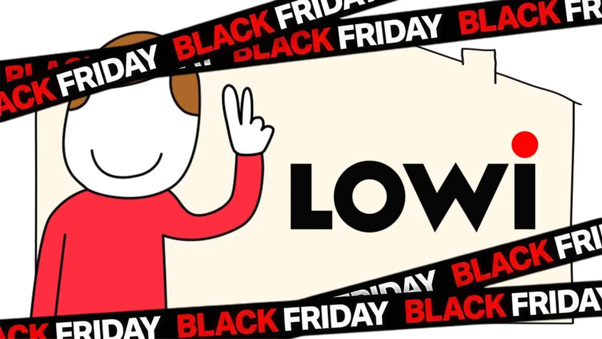 Promoción de Black Friday de Lowi. La mascota de la compañía de fibra y móvil saluda delante del logo con cintas negras.
